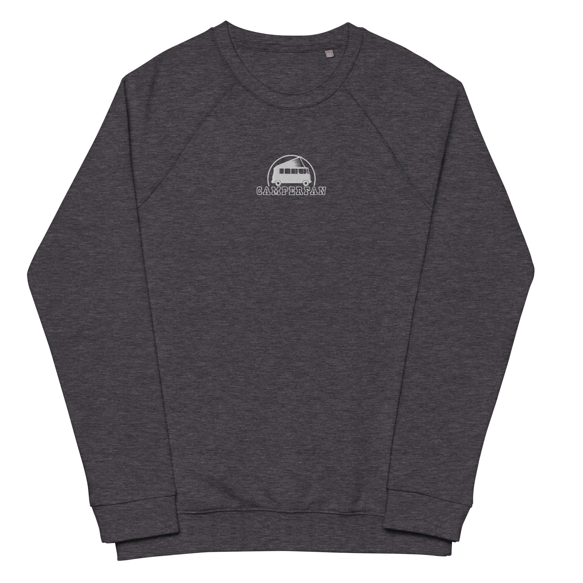 Unisex organic raglan sweatshirt Small Camperfan white embroidered pattern