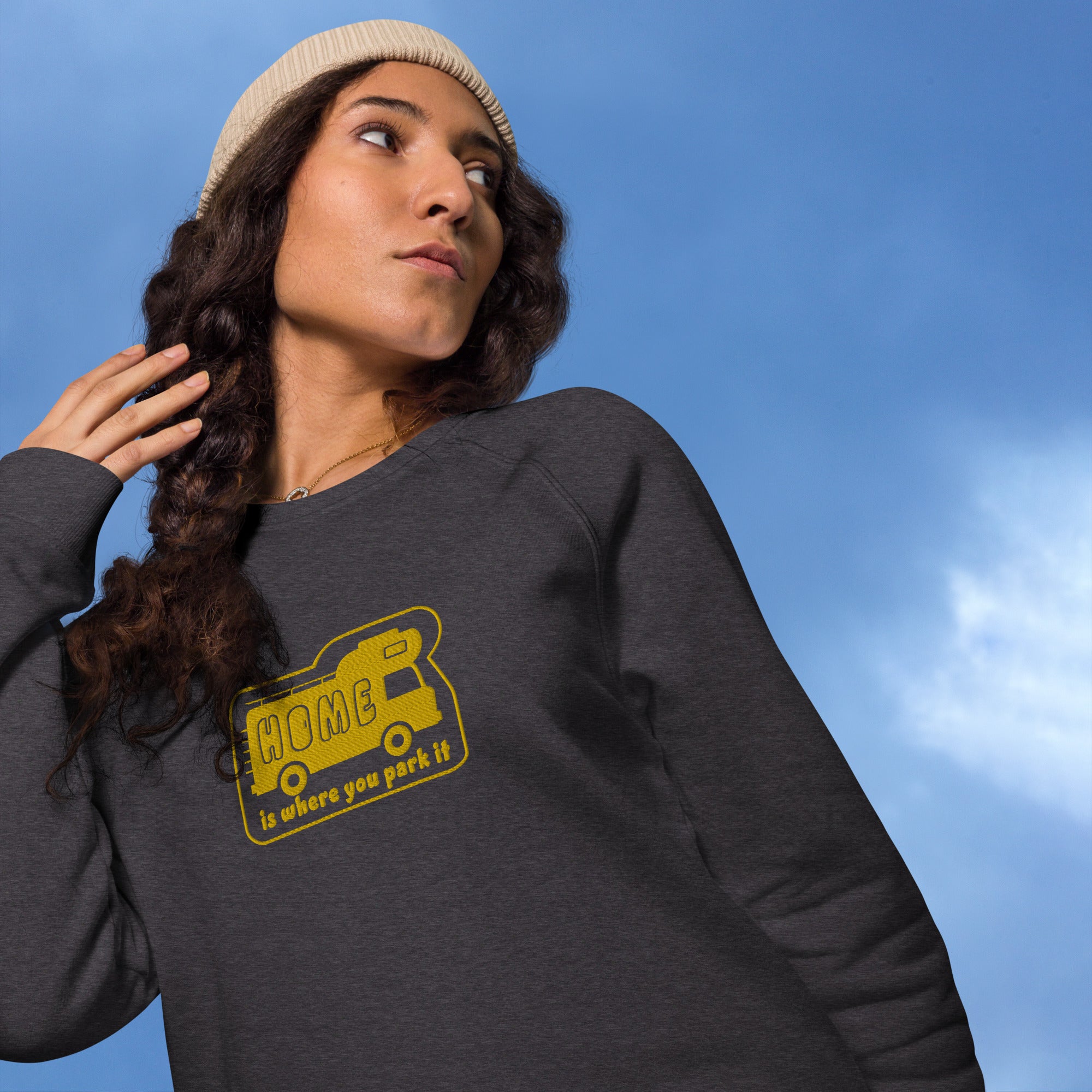 Unisex organic raglan sweatshirt Bold Camper Van Home is where you park it large gold embroidered pattern