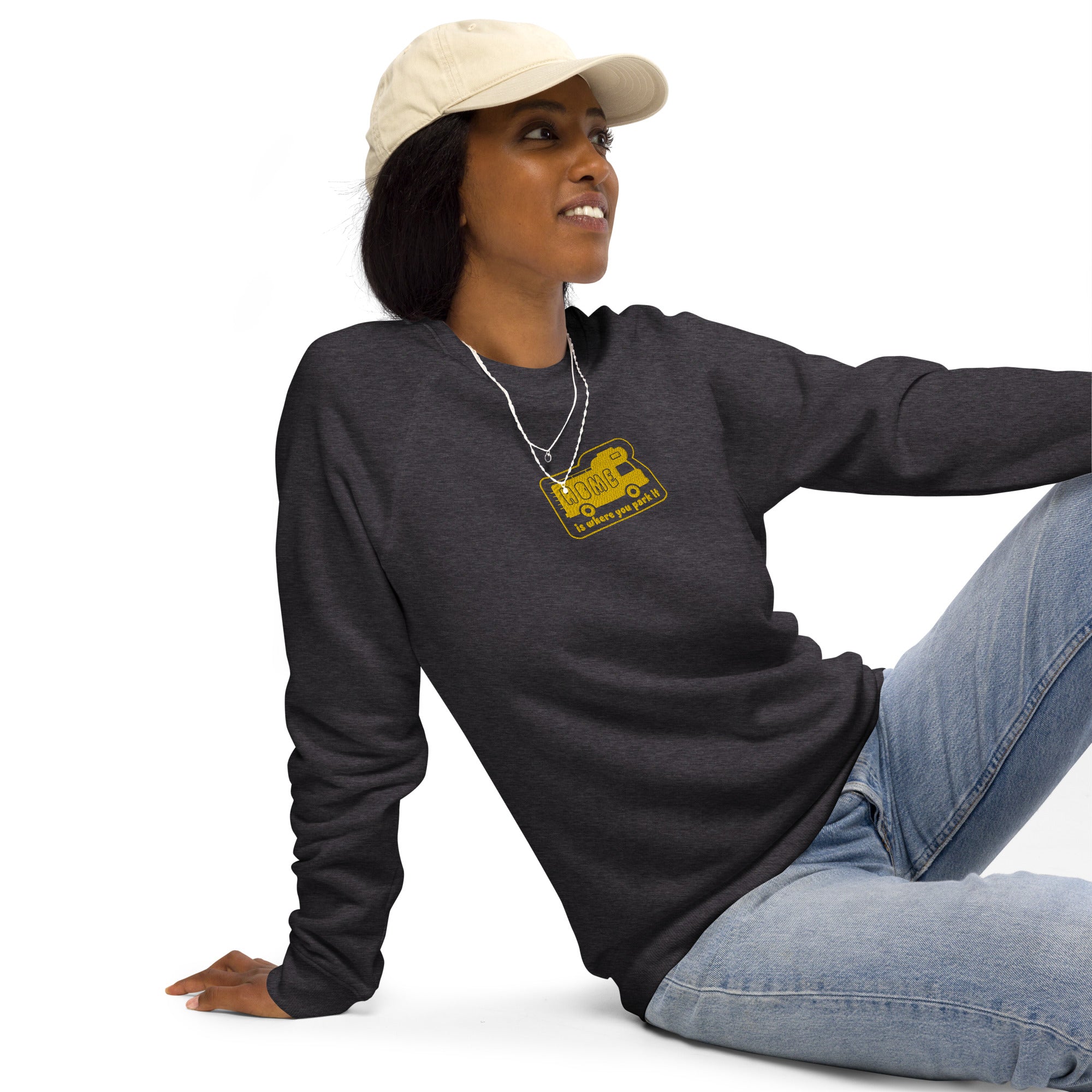 Unisex organic raglan sweatshirt Bold Camper Van Home is where you park it large gold embroidered pattern