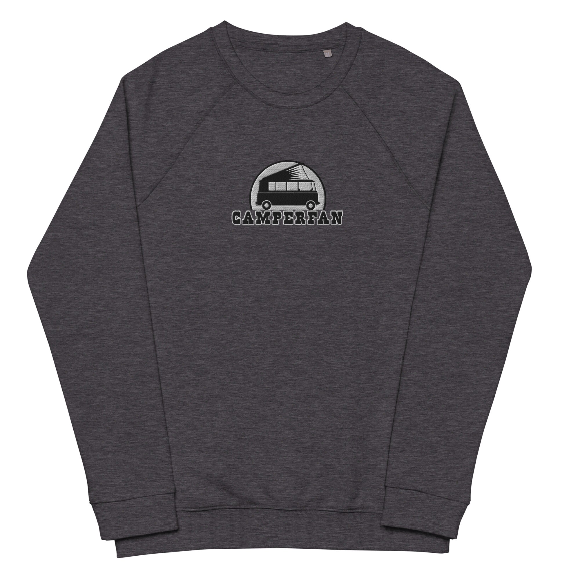 Unisex organic raglan sweatshirt Small Camperfan large black/white embroidered pattern