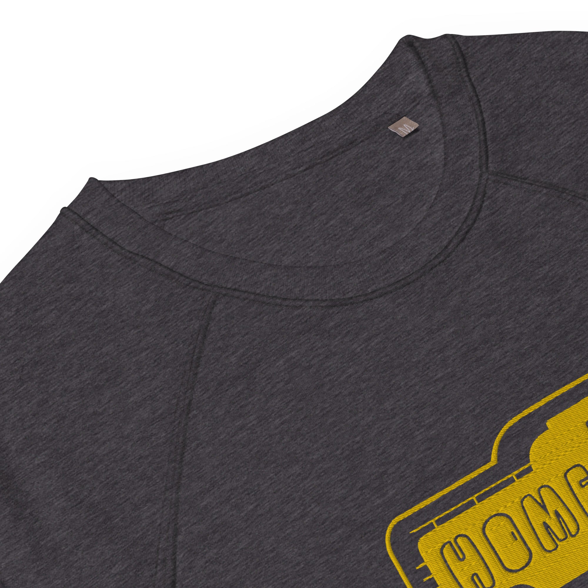 Unisex organic raglan sweatshirt Bold Camper Van Home is where you park it large gold embroidered pattern