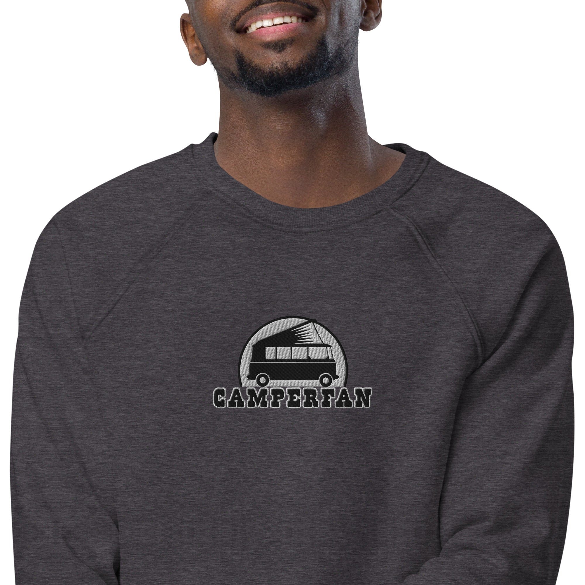 Unisex organic raglan sweatshirt Small Camperfan large black/white embroidered pattern