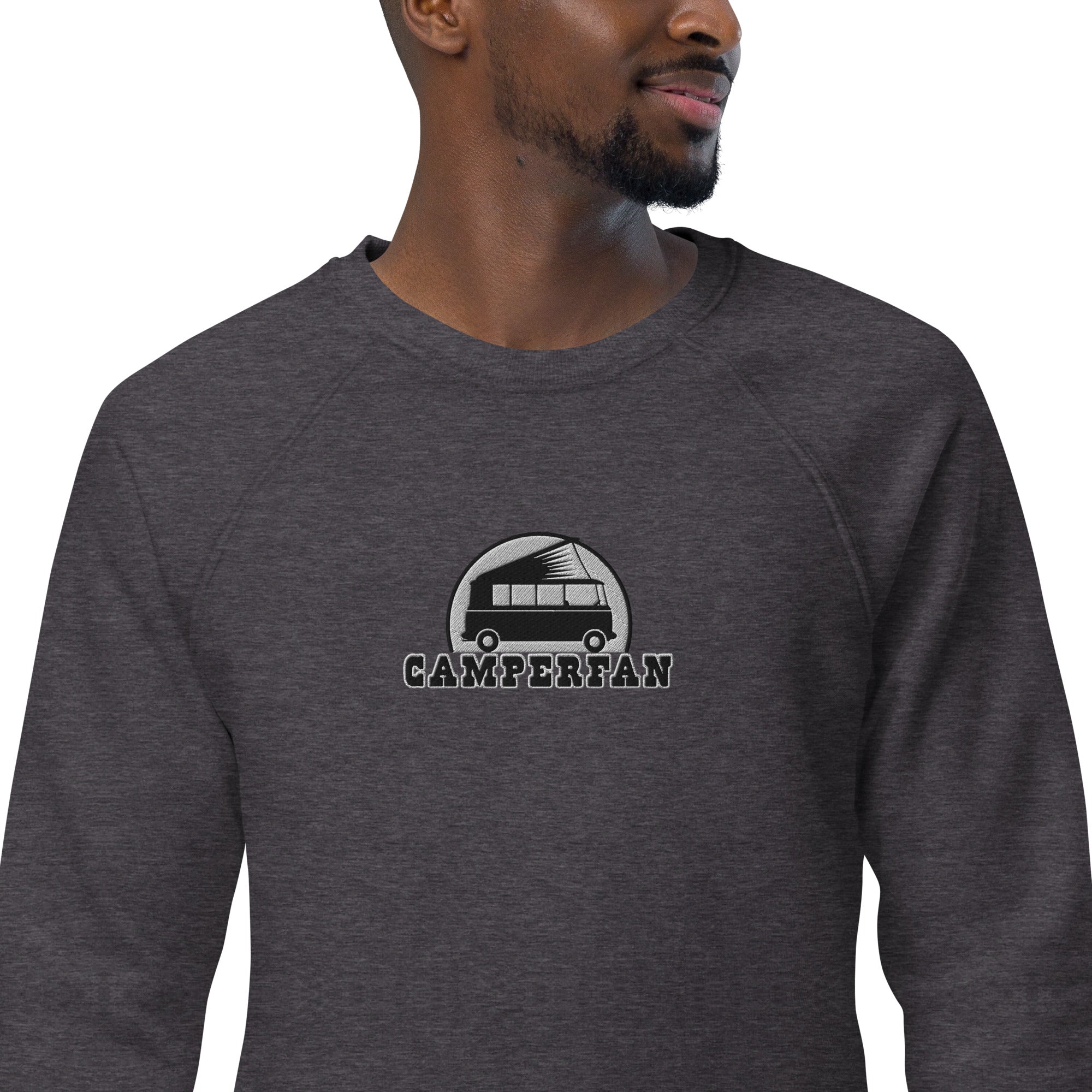 Unisex organic raglan sweatshirt Small Camperfan large black/white embroidered pattern