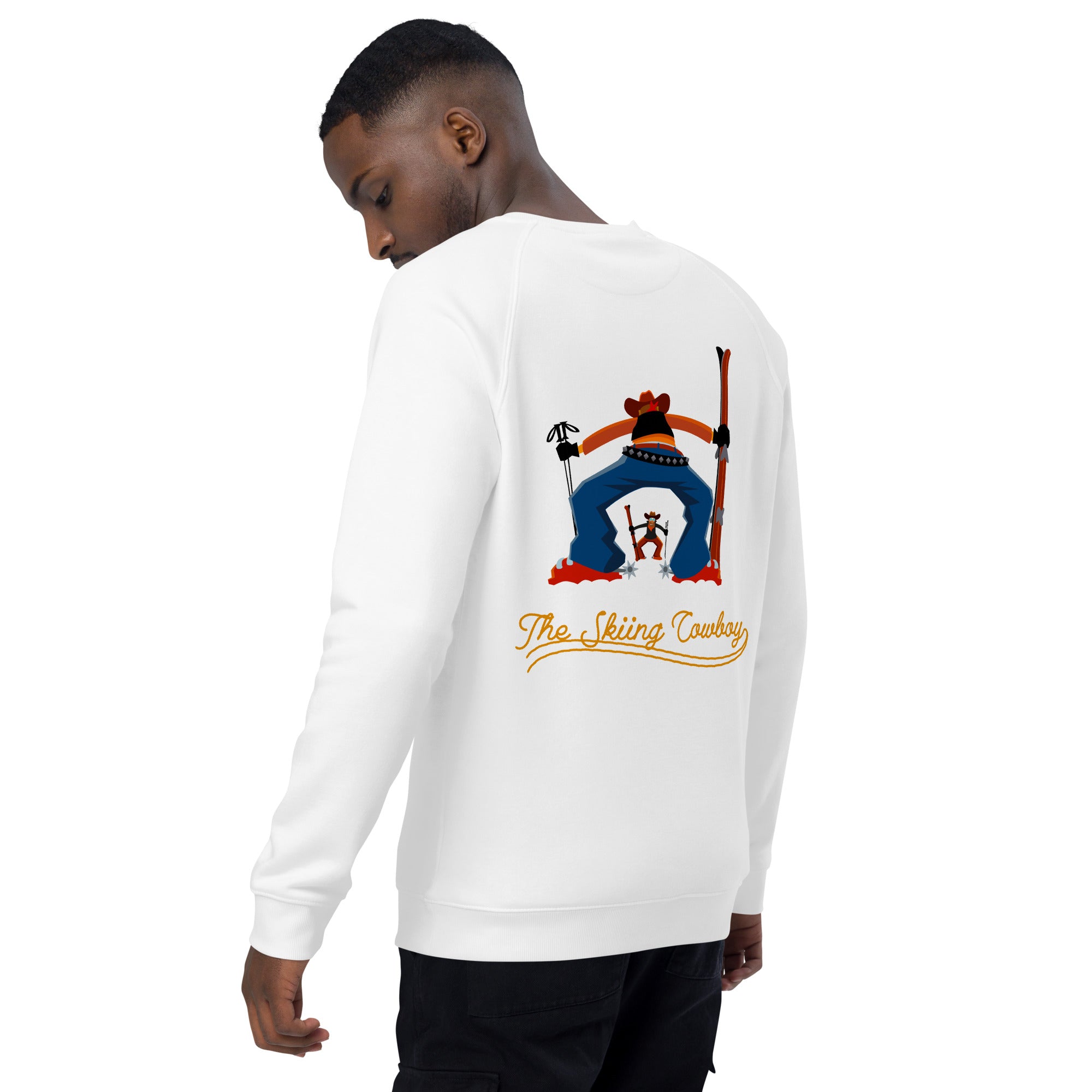 Sweatshirt écologique raglan unisexe Skiing Cowboy grand motif brodé & Ski Fight at OK Corral Outline (dos)