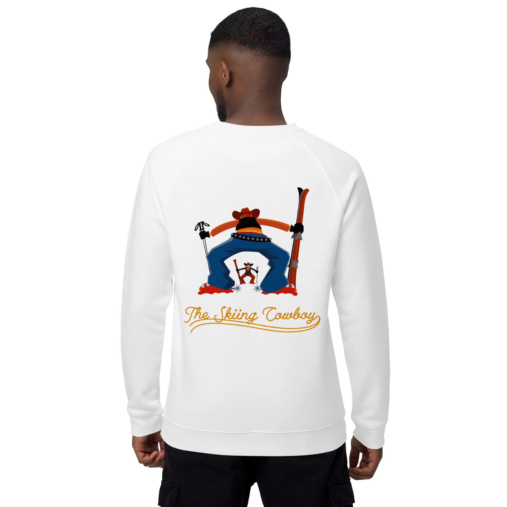 Sweatshirt écologique raglan unisexe Skiing Cowboy grand motif brodé & Ski Fight at OK Corral Outline (dos)