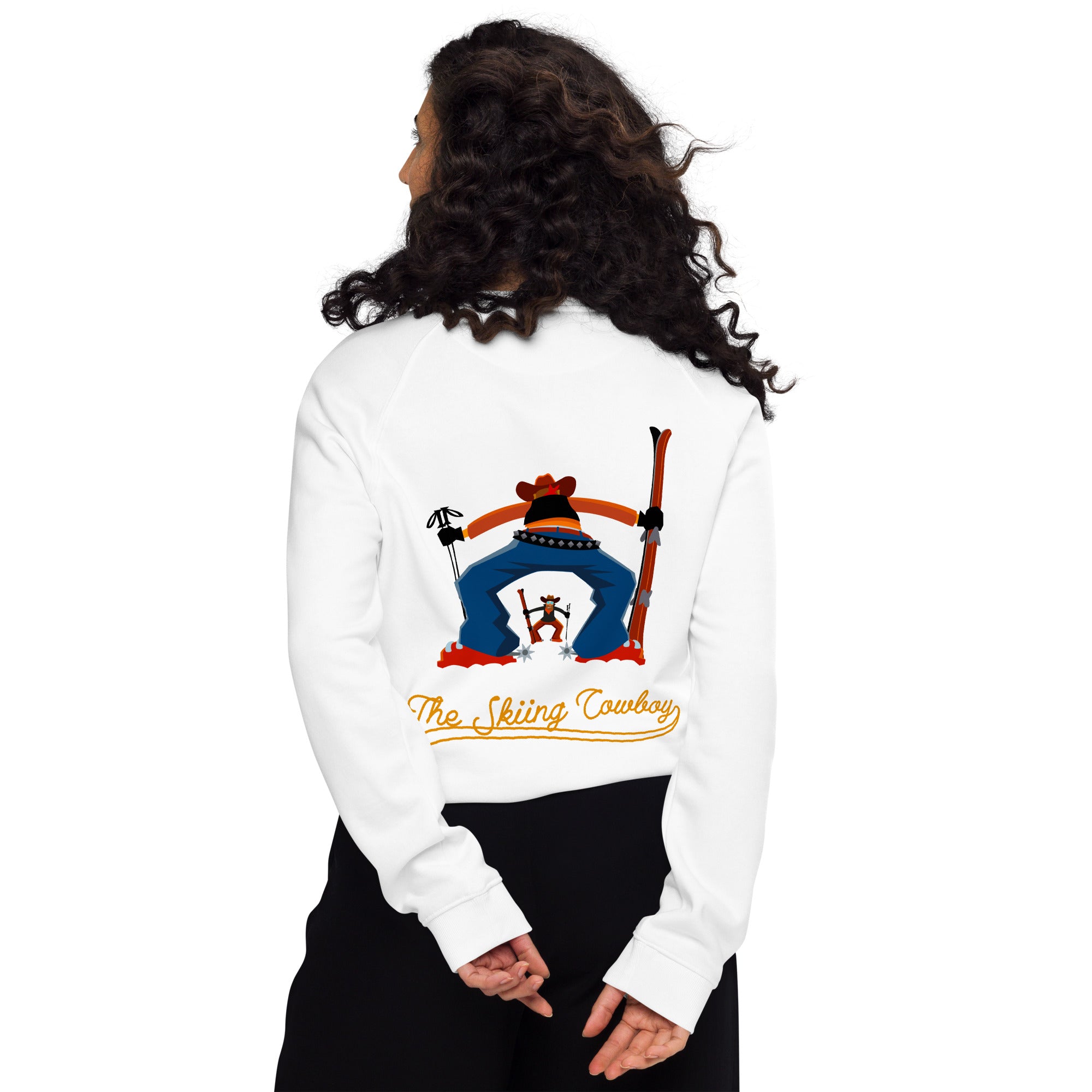 Sweatshirt écologique raglan unisexe Skiing Cowboy grand motif brodé & Ski Fight at OK Corral Outline (dos)