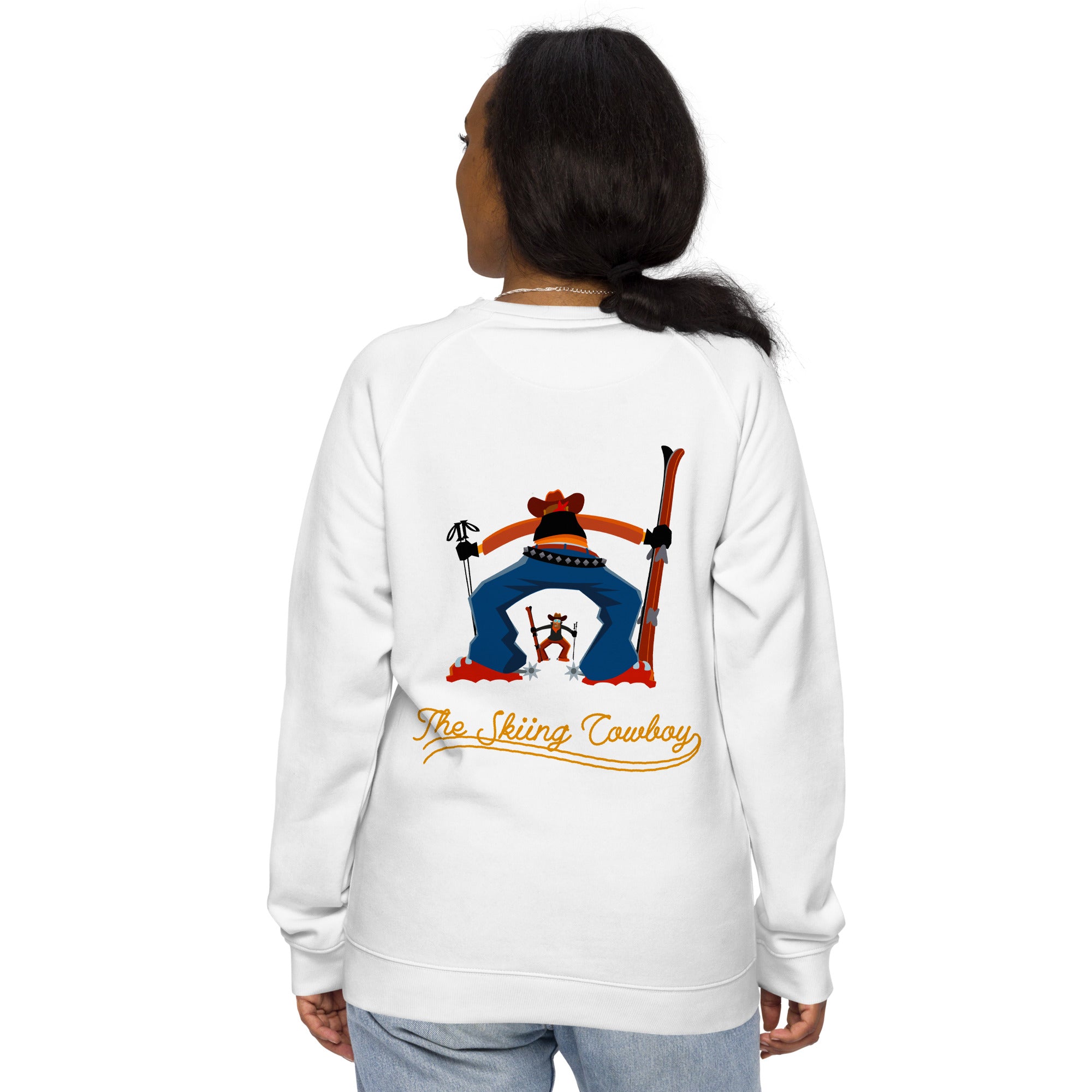 Sweatshirt écologique raglan unisexe Skiing Cowboy grand motif brodé & Ski Fight at OK Corral Outline (dos)