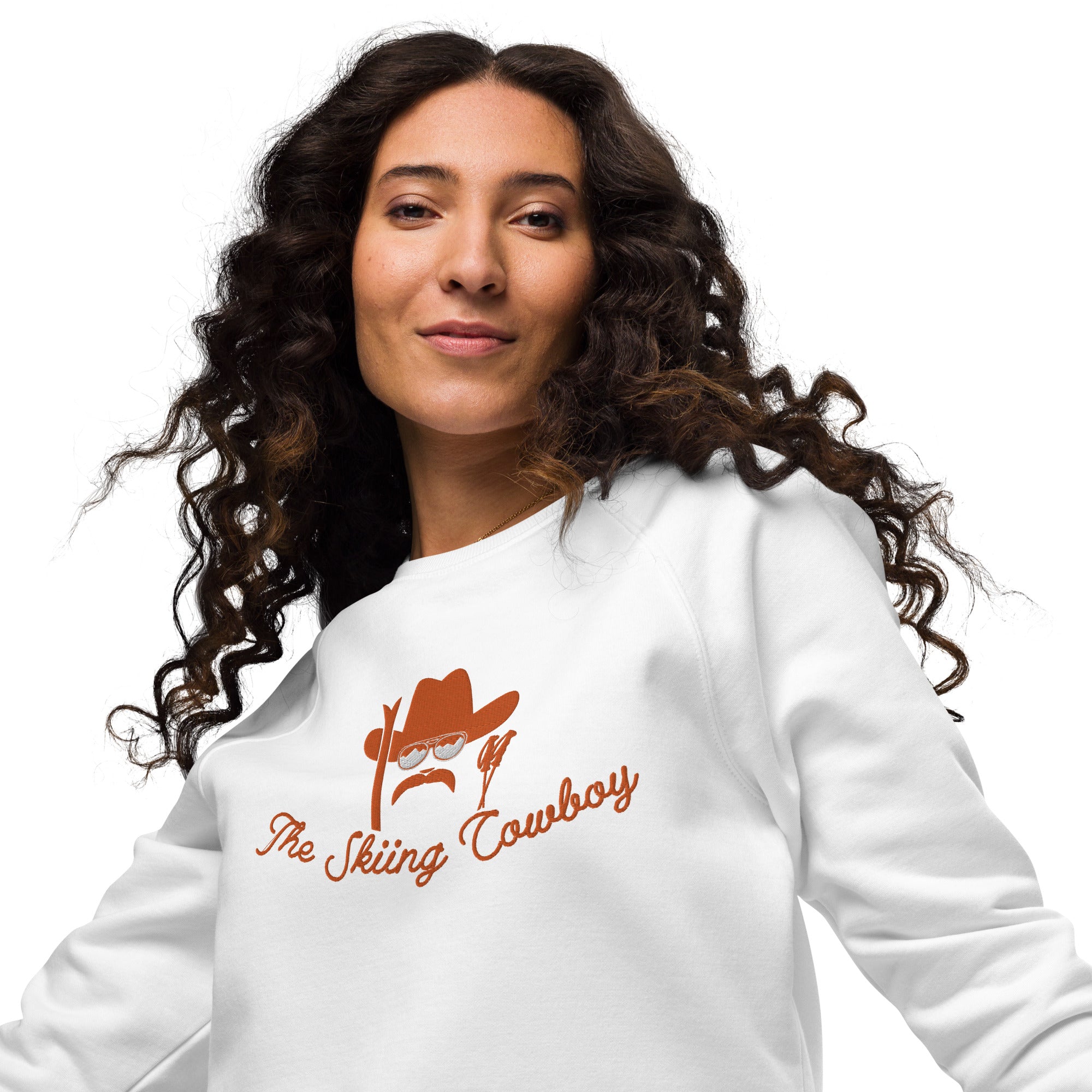 Sweatshirt écologique raglan unisexe Skiing Cowboy grand motif brodé & Ski Fight at OK Corral Outline (dos)