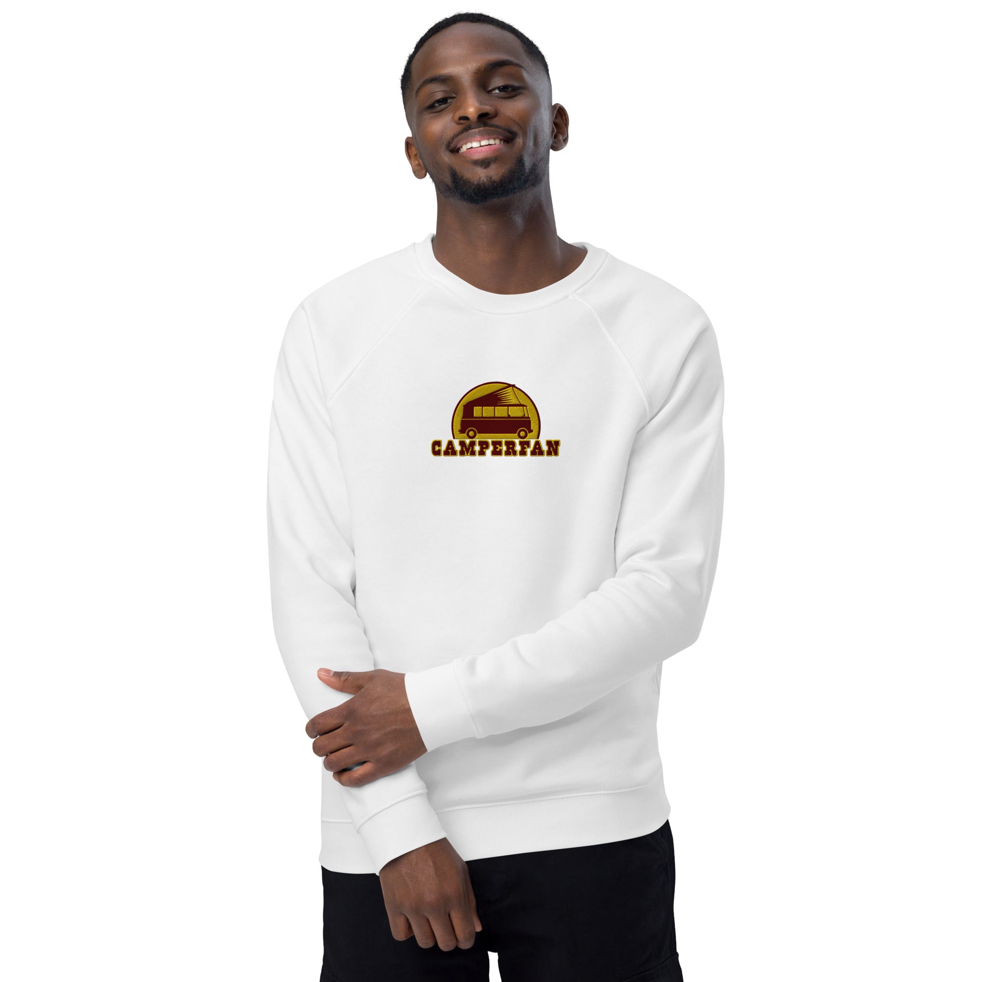 Unisex organic raglan sweatshirt Small Camperfan large brown/yellow embroidered pattern