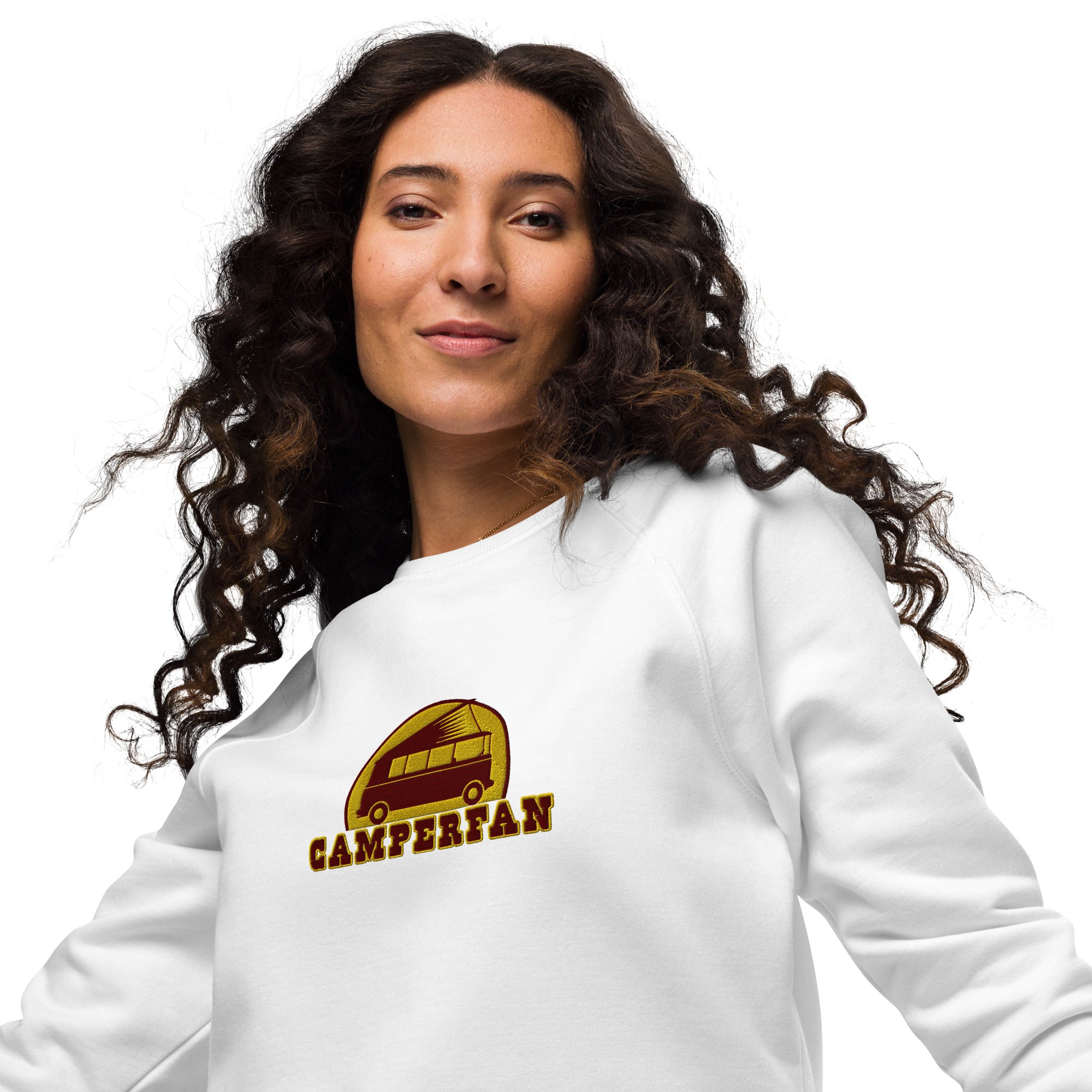 Unisex organic raglan sweatshirt Small Camperfan large brown/yellow embroidered pattern
