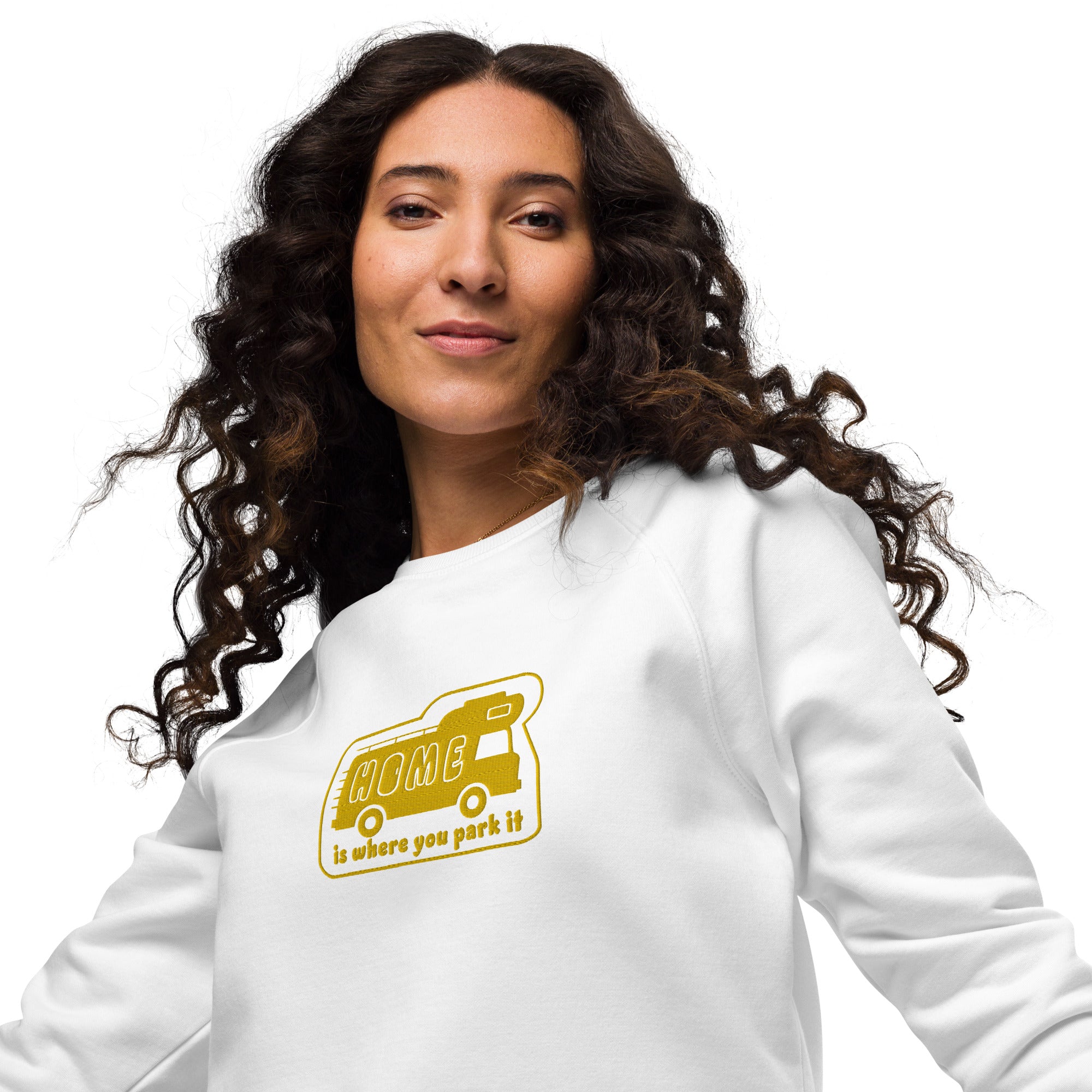 Unisex organic raglan sweatshirt Bold Camper Van Home is where you park it large gold embroidered pattern