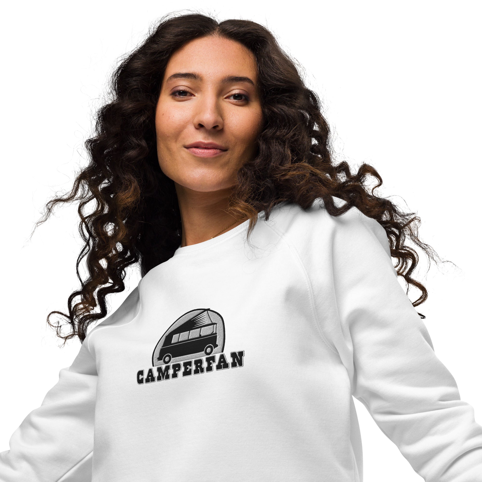 Unisex organic raglan sweatshirt Small Camperfan large black/white embroidered pattern