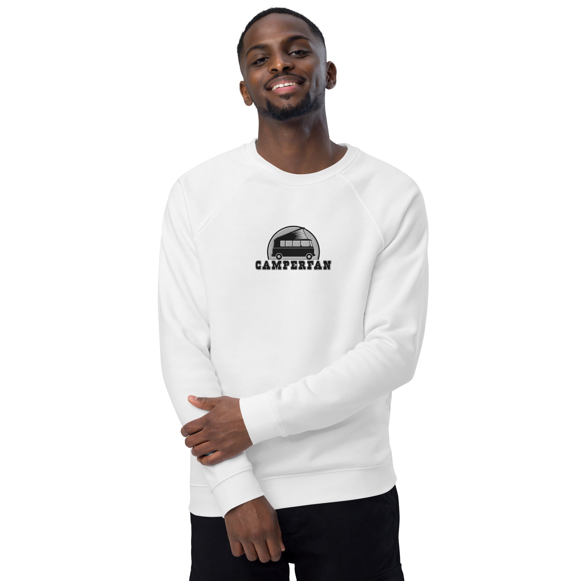 Unisex organic raglan sweatshirt Small Camperfan large black/white embroidered pattern