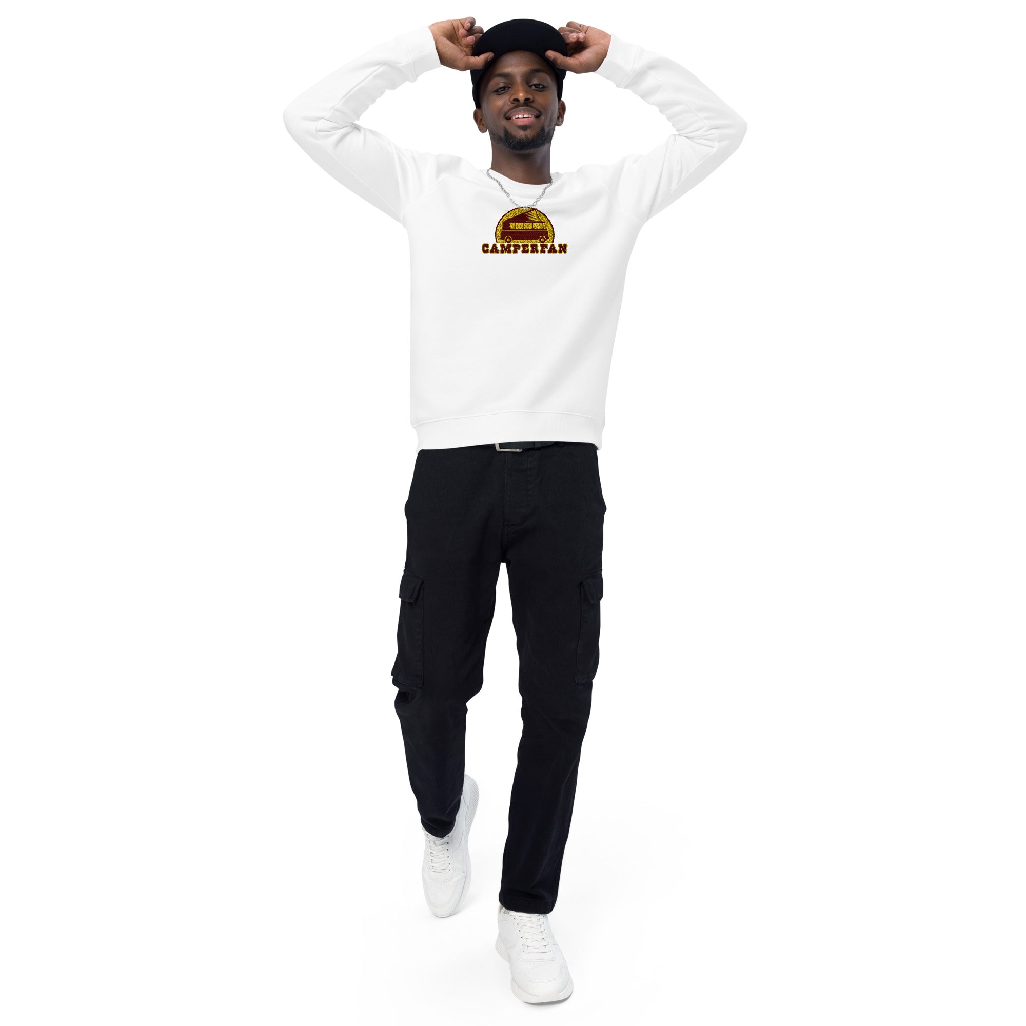 Unisex organic raglan sweatshirt Small Camperfan large brown/yellow embroidered pattern