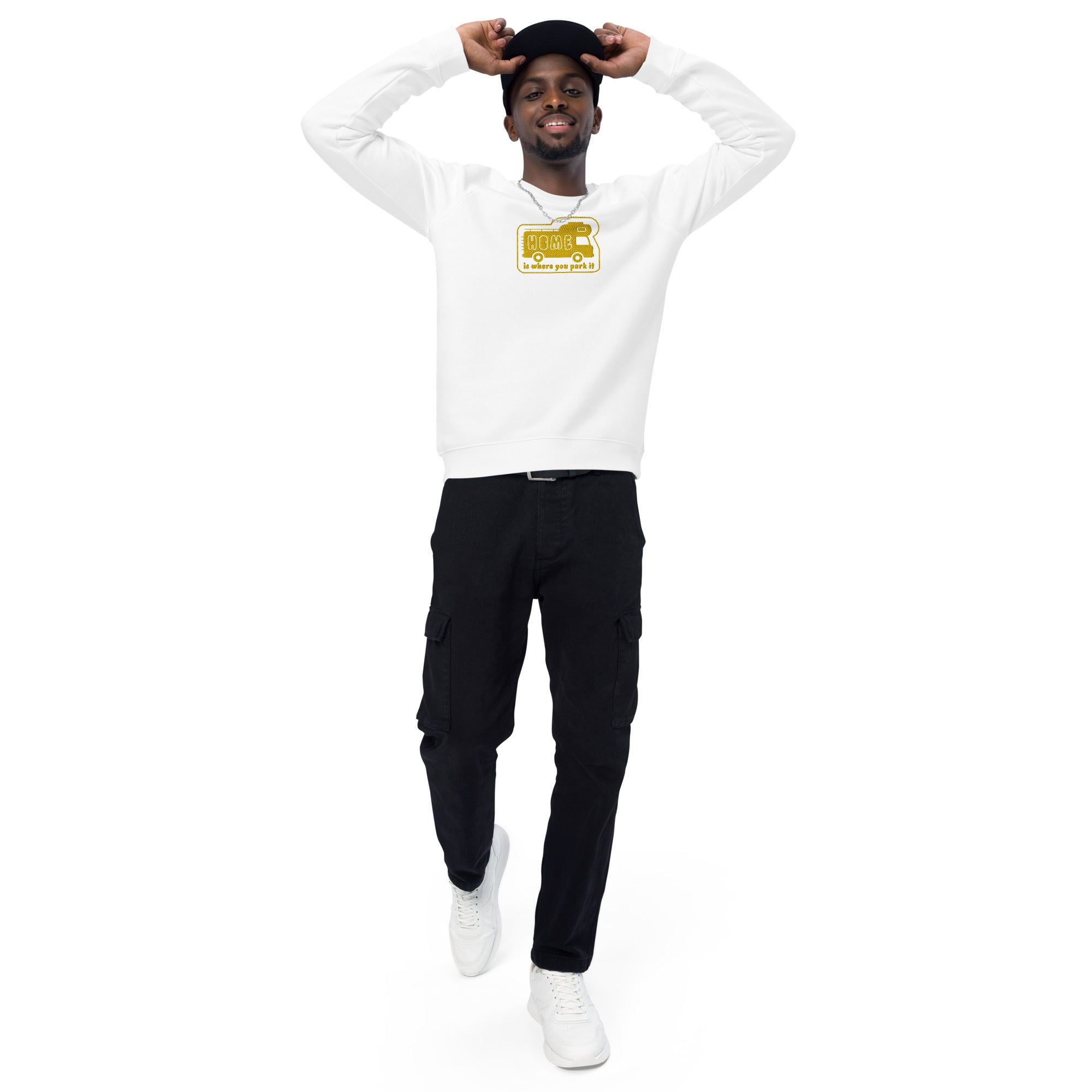 Unisex organic raglan sweatshirt Bold Camper Van Home is where you park it large gold embroidered pattern