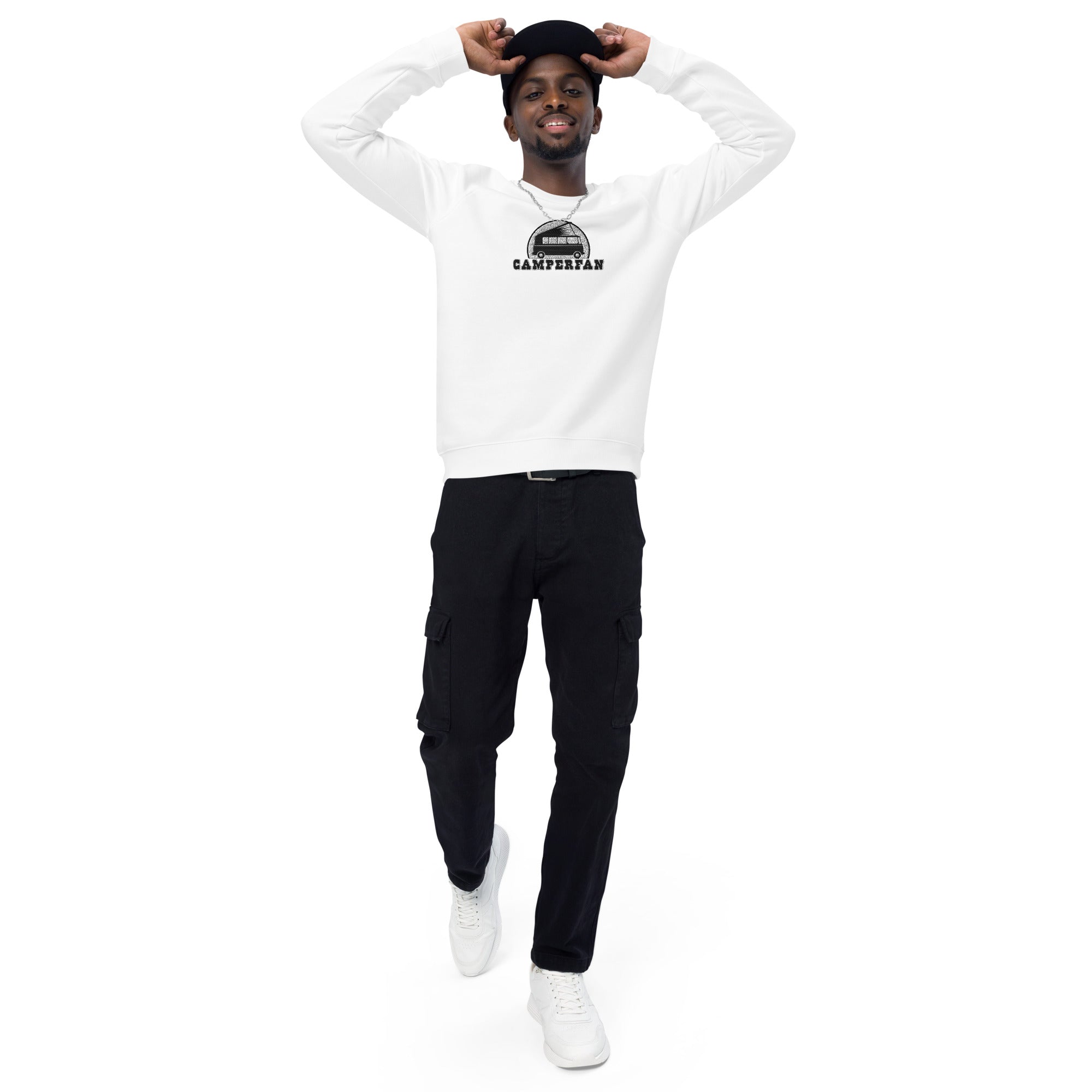 Unisex organic raglan sweatshirt Small Camperfan large black/white embroidered pattern