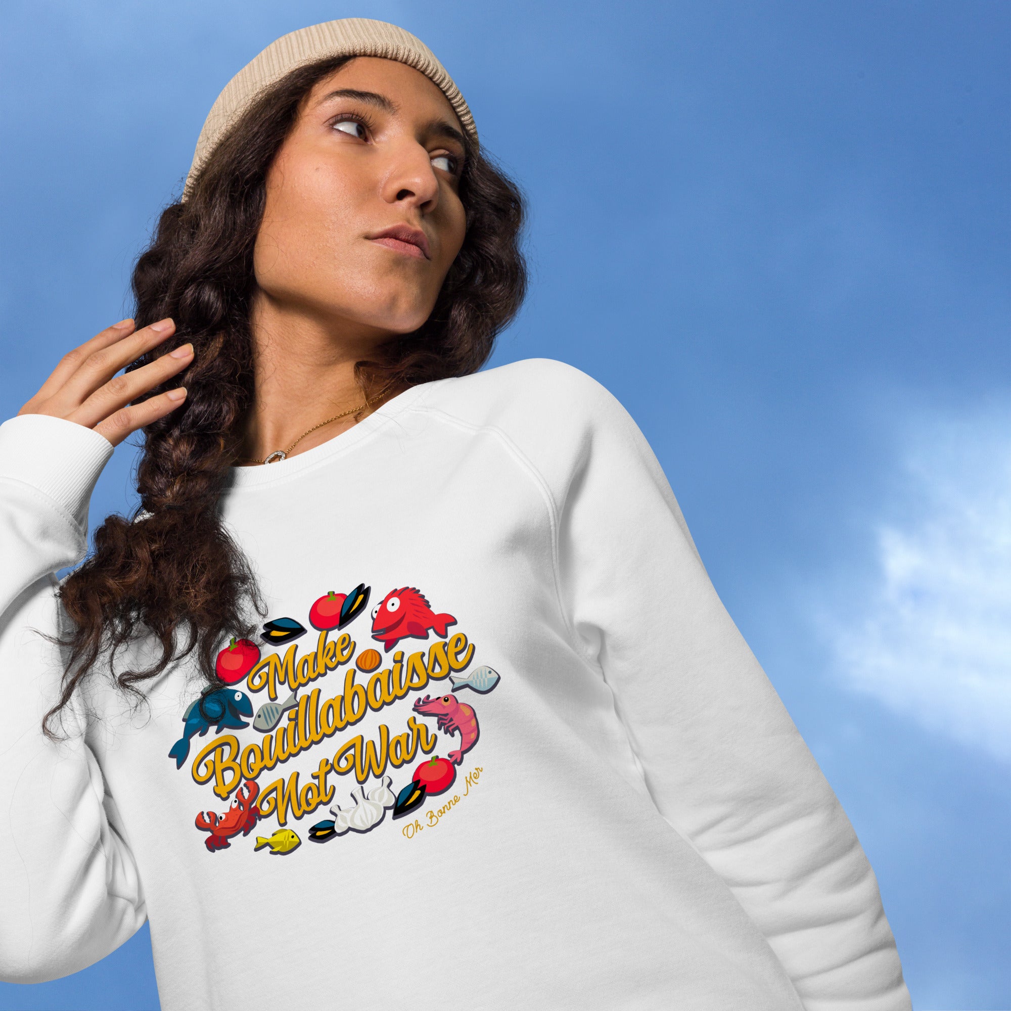Sweatshirt écologique raglan unisexe Make Bouillabaisse Not War Oh Bonne Mer