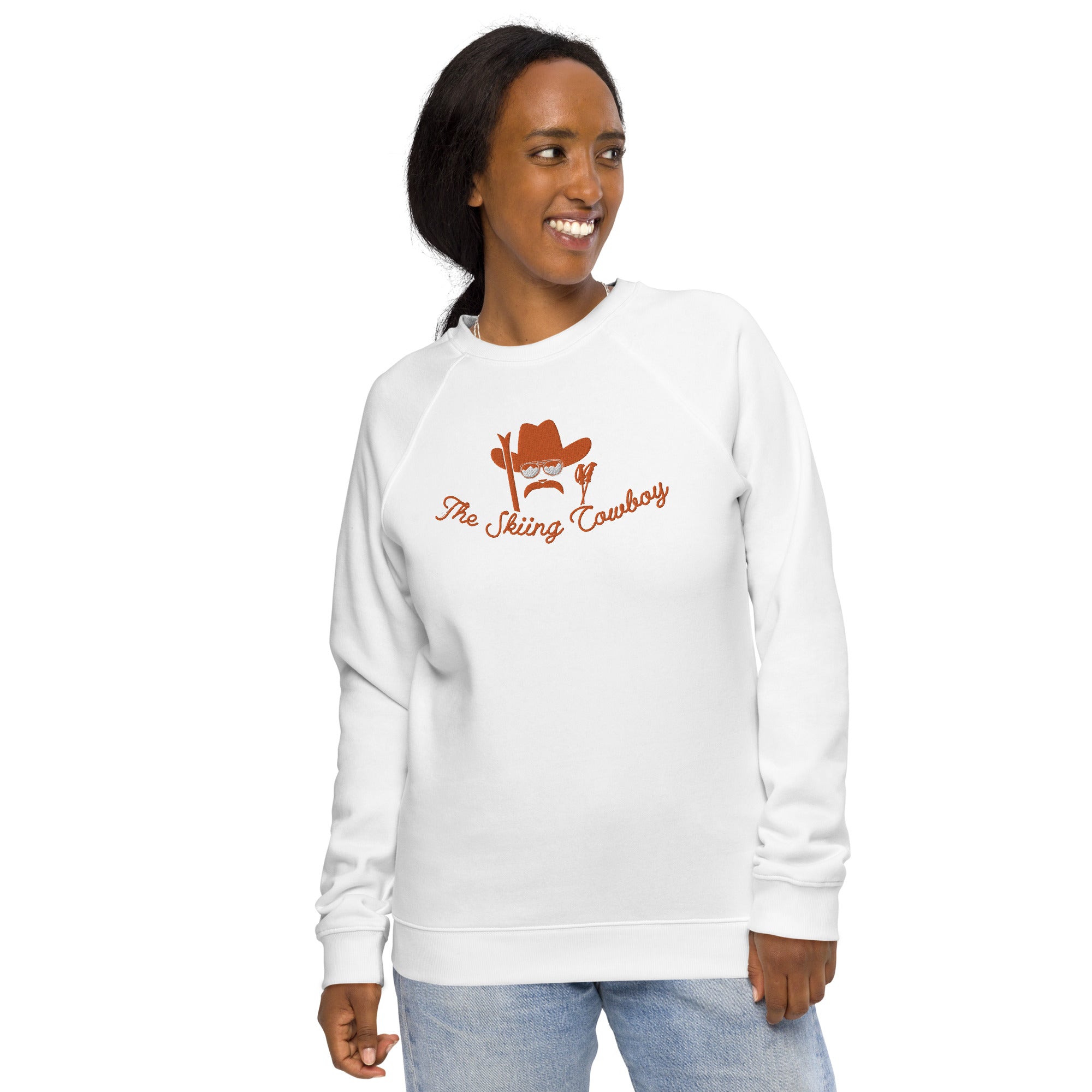 Sweatshirt écologique raglan unisexe Skiing Cowboy grand motif brodé & Ski Fight at OK Corral Outline (dos)