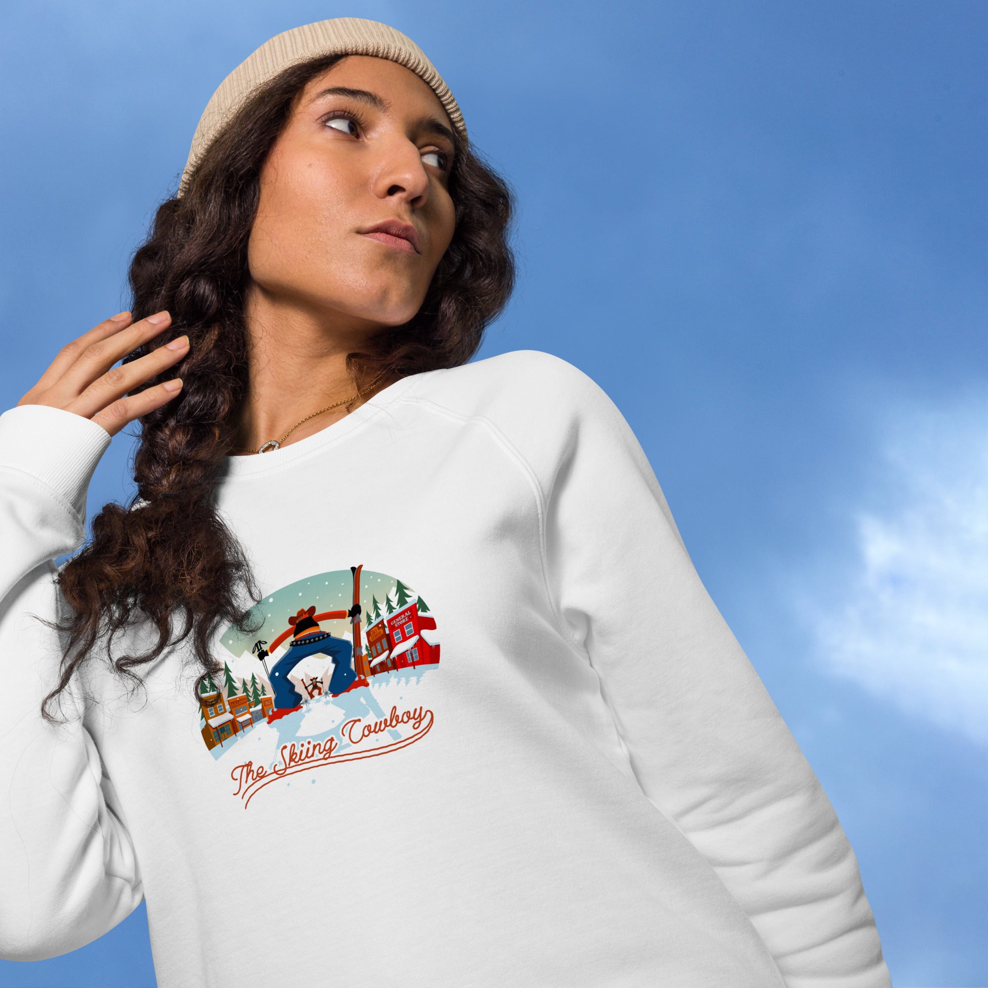 Sweatshirt écologique raglan unisexe Ski Fight at OK Corral (face & dos)