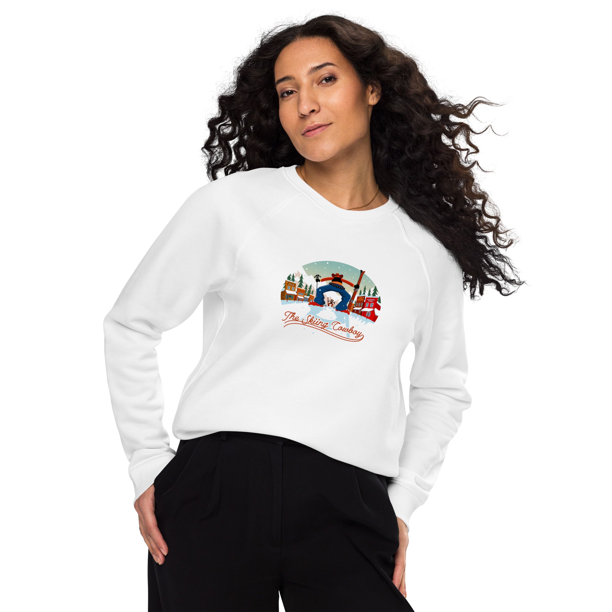 Sweatshirt écologique raglan unisexe Ski Fight at OK Corral (face & dos)