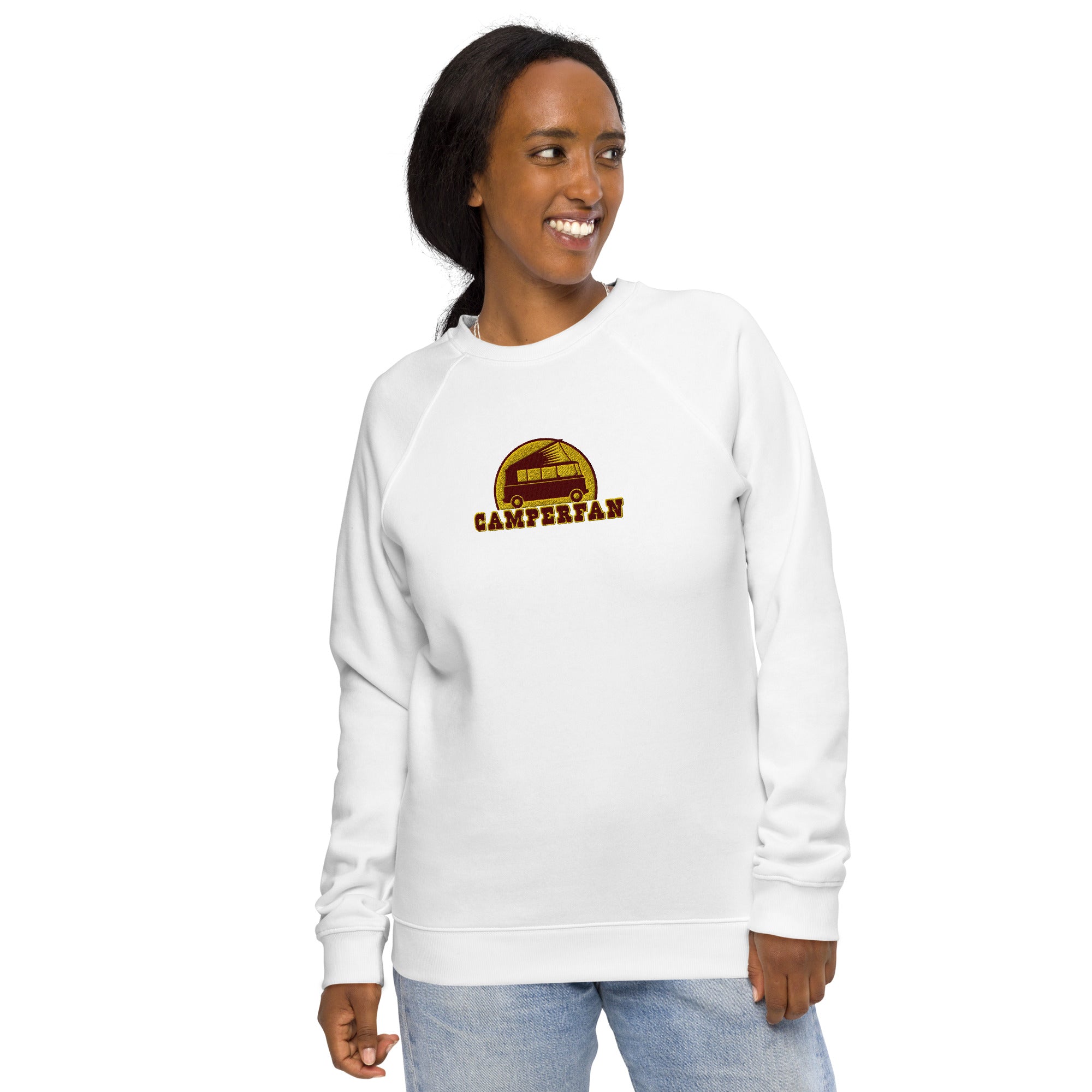 Unisex organic raglan sweatshirt Small Camperfan large brown/yellow embroidered pattern