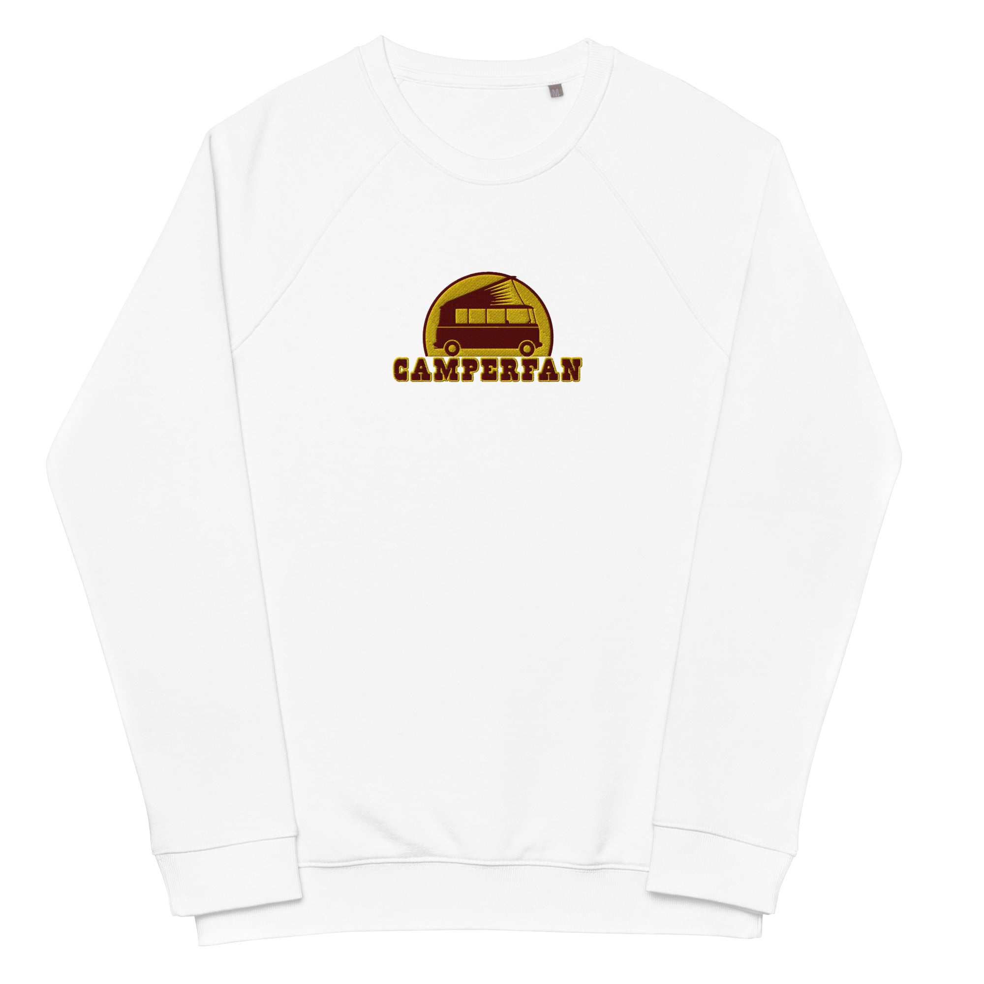 Unisex organic raglan sweatshirt Small Camperfan large brown/yellow embroidered pattern