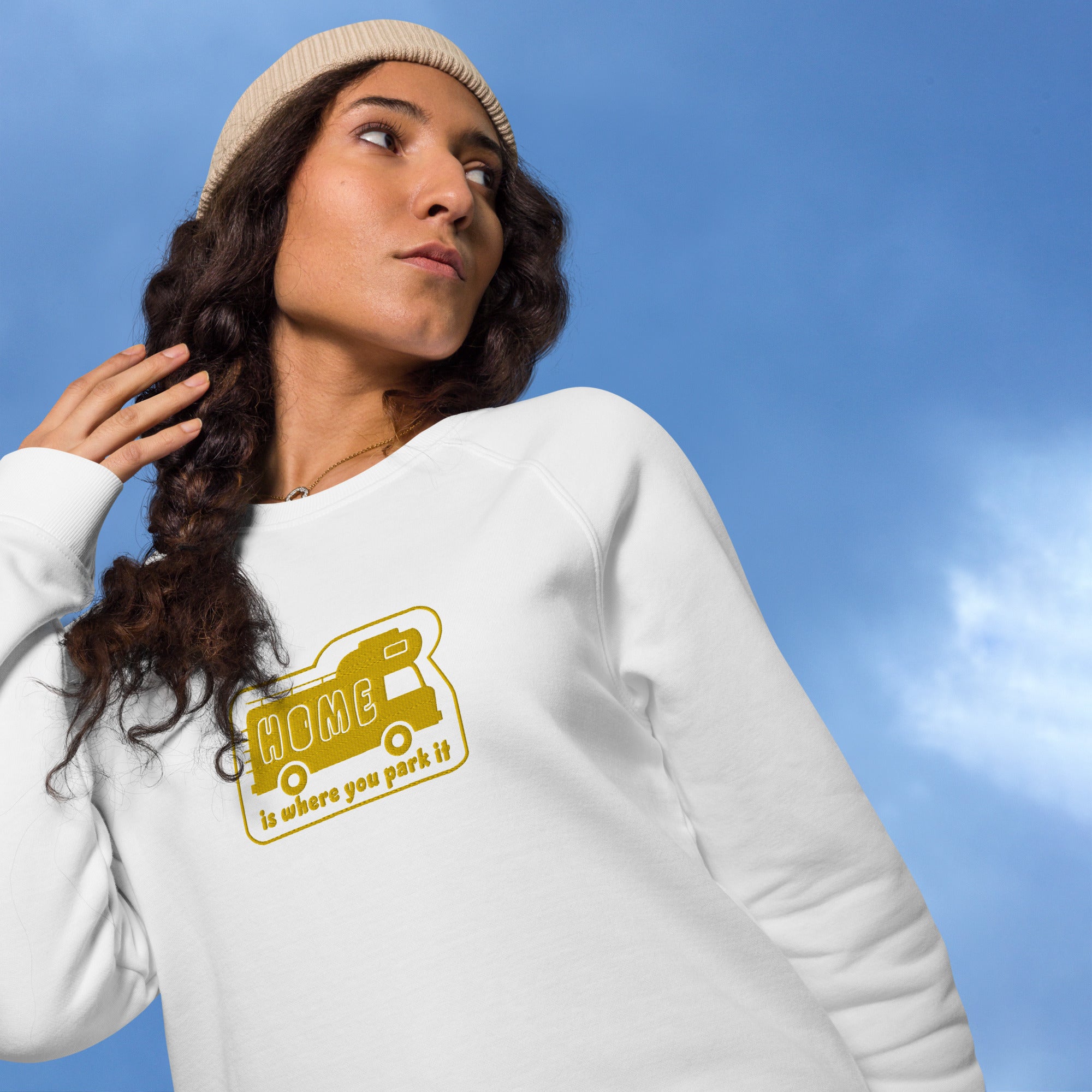 Unisex organic raglan sweatshirt Bold Camper Van Home is where you park it large gold embroidered pattern