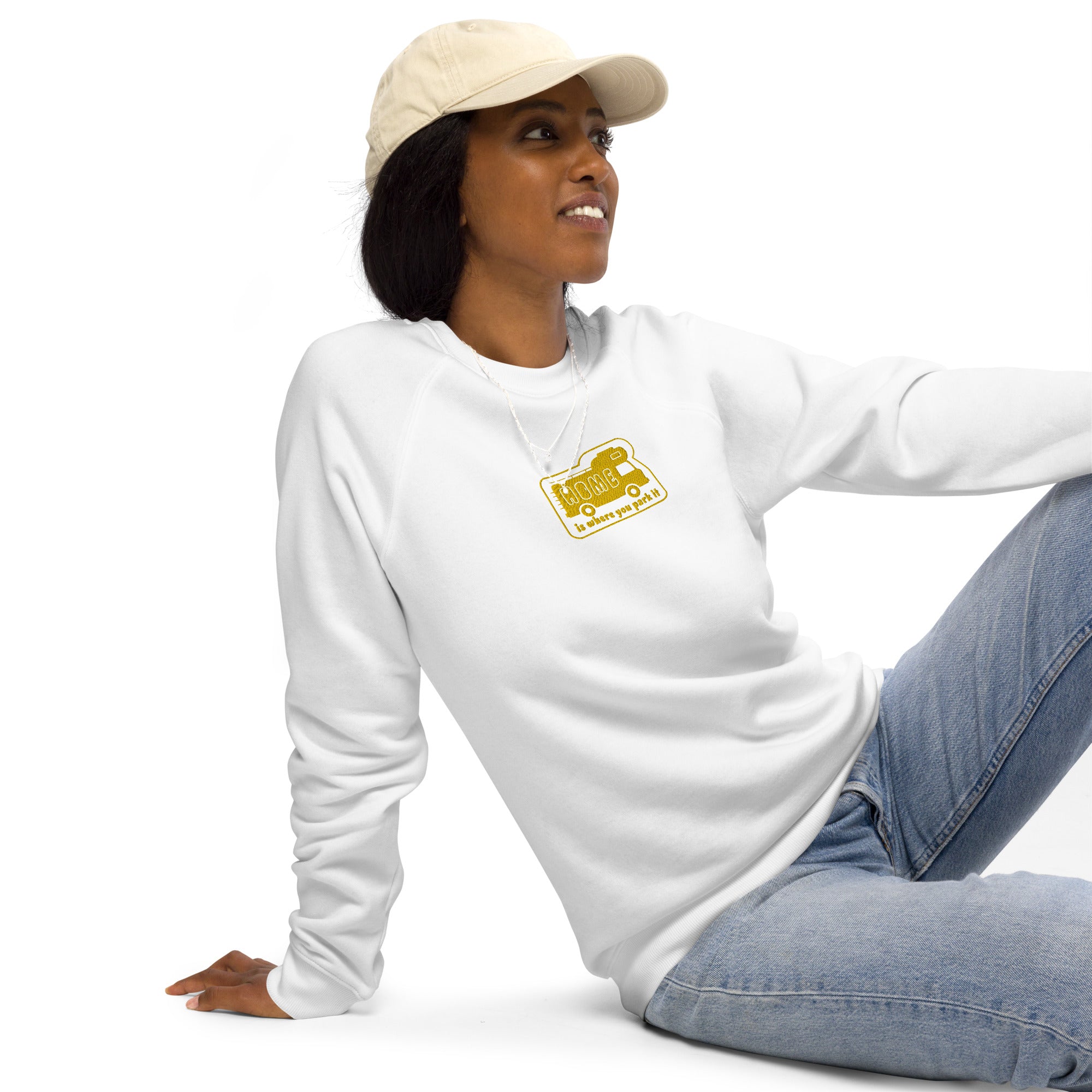 Unisex organic raglan sweatshirt Bold Camper Van Home is where you park it large gold embroidered pattern