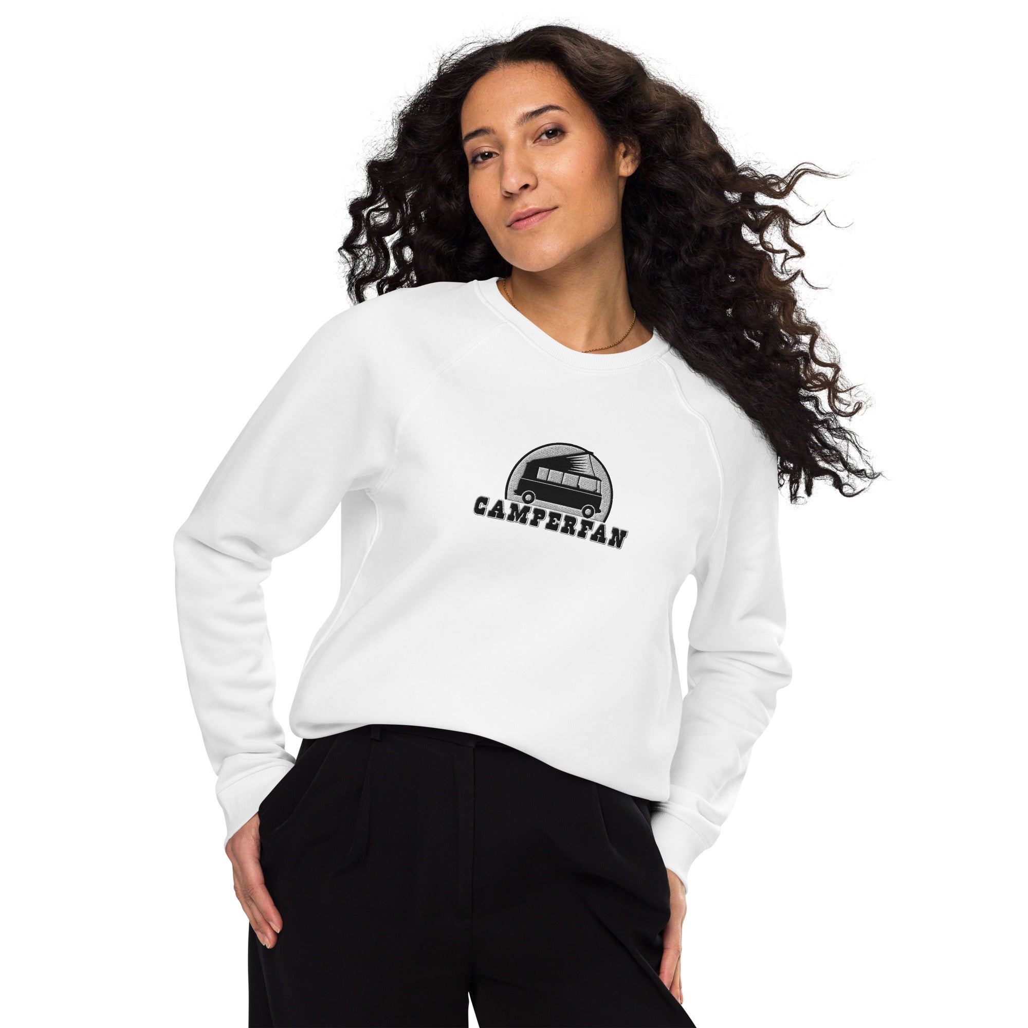 Unisex organic raglan sweatshirt Small Camperfan large black/white embroidered pattern