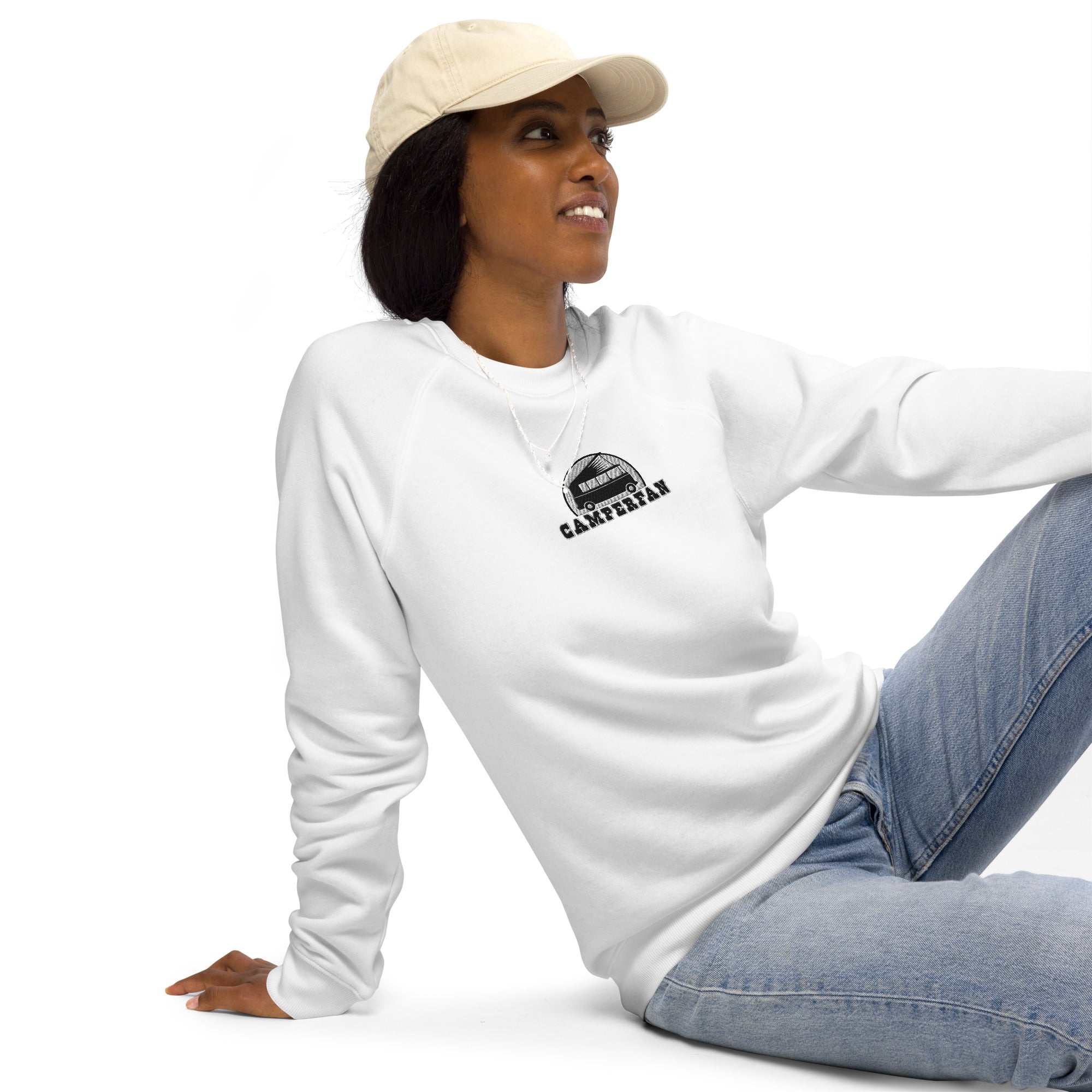 Unisex organic raglan sweatshirt Small Camperfan large black/white embroidered pattern