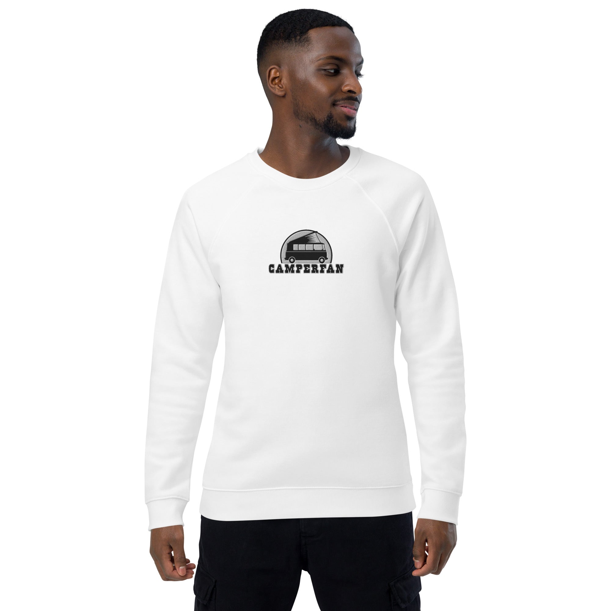 Unisex organic raglan sweatshirt Small Camperfan large black/white embroidered pattern