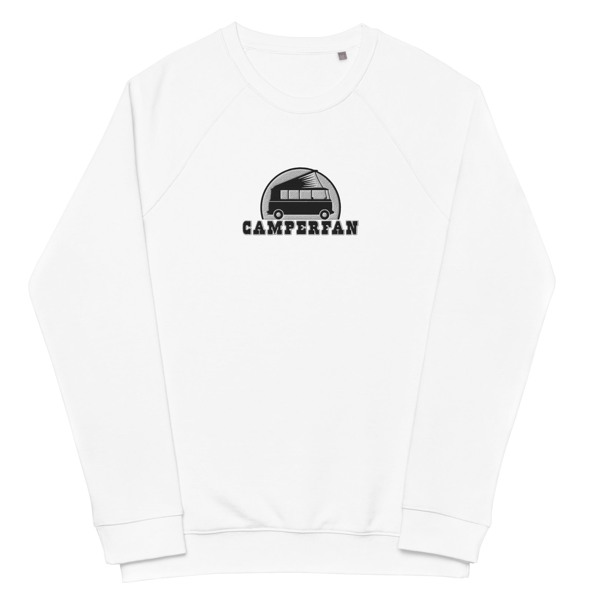 Unisex organic raglan sweatshirt Small Camperfan large black/white embroidered pattern