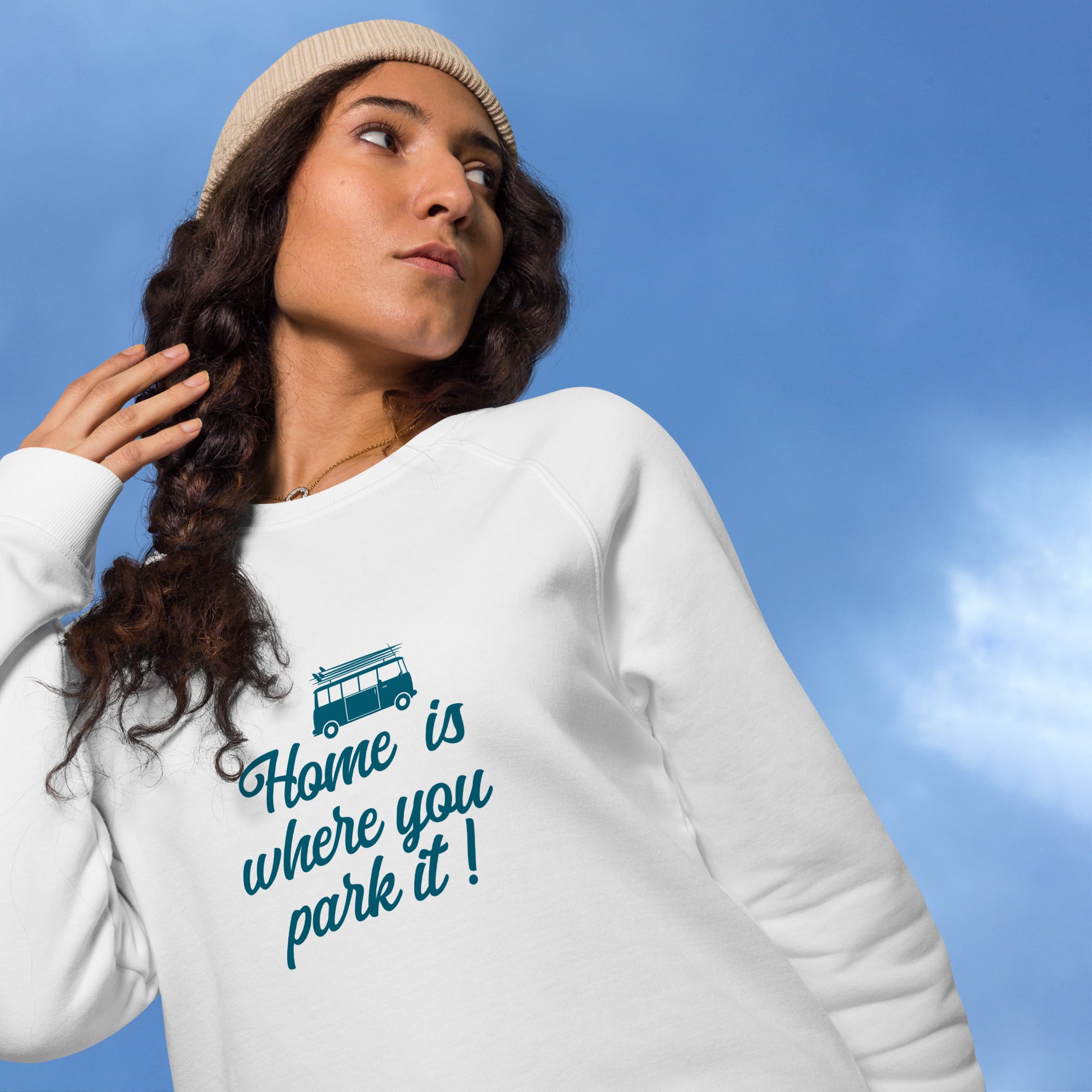 Sweatshirt écologique raglan unisexe Blue Surf Combi Home is where you park it