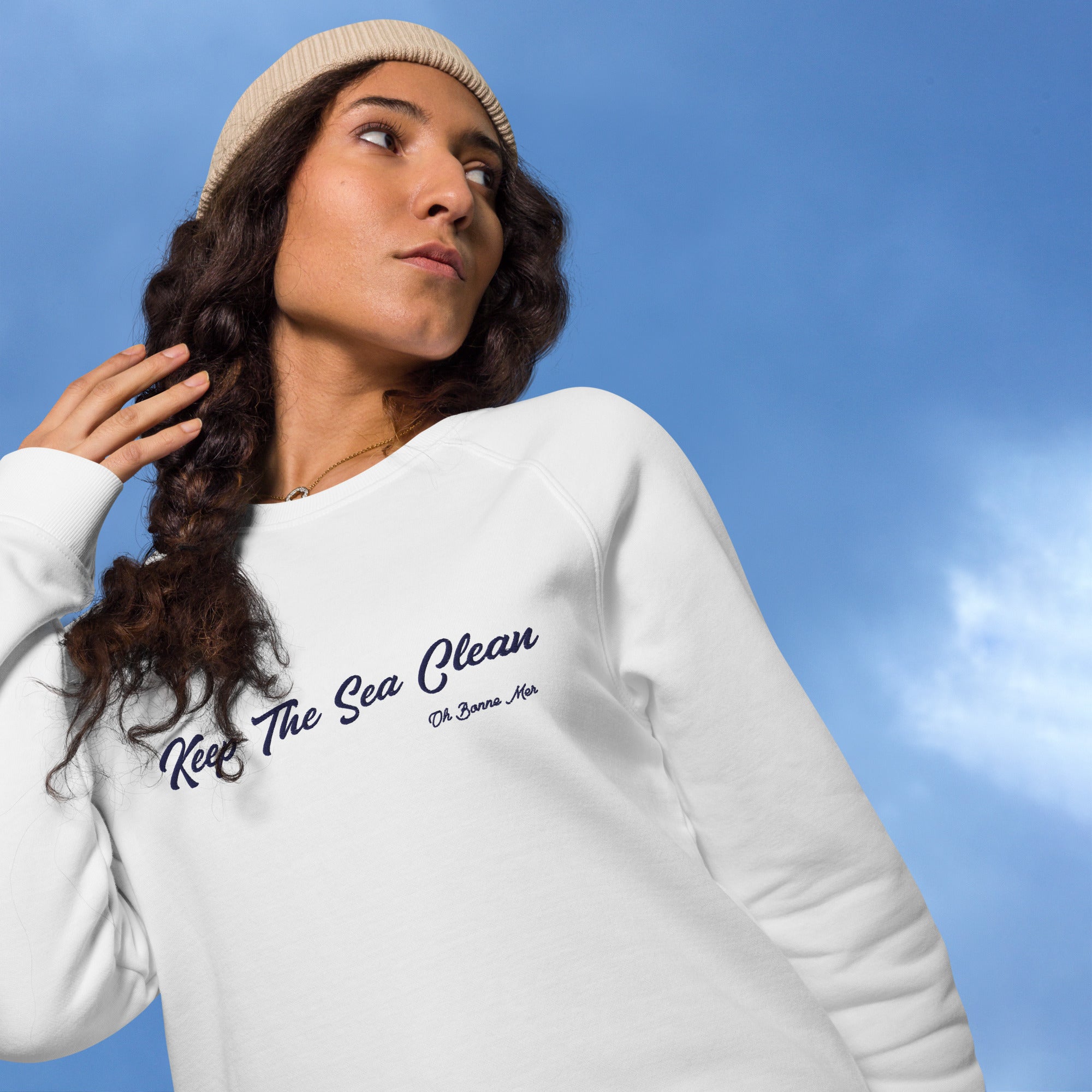 Sweatshirt écologique raglan unisexe Keep The Sea Clean grand motif navy brodé