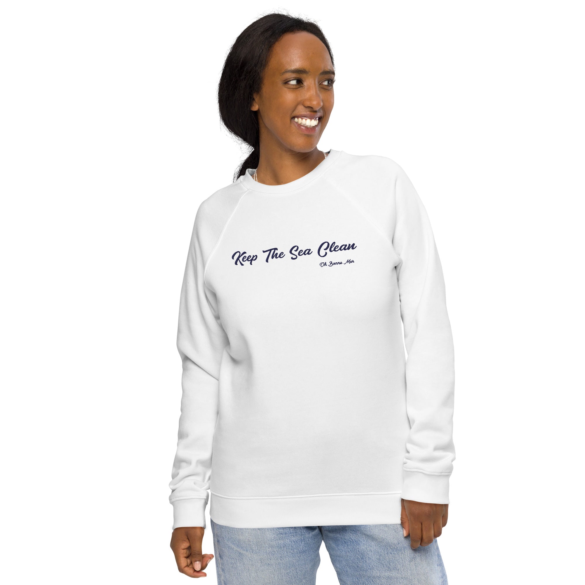 Sweatshirt écologique raglan unisexe Keep The Sea Clean grand motif navy brodé