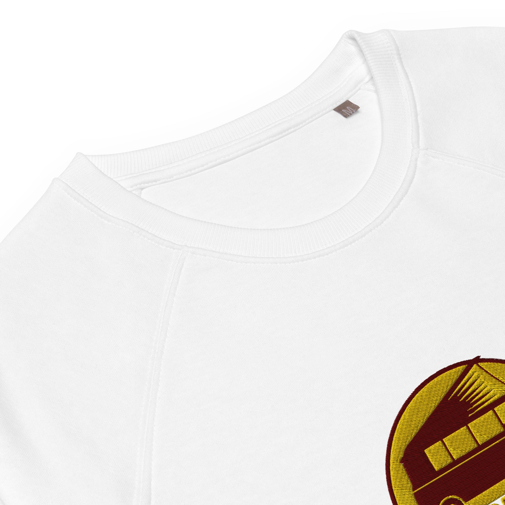 Unisex organic raglan sweatshirt Small Camperfan large brown/yellow embroidered pattern