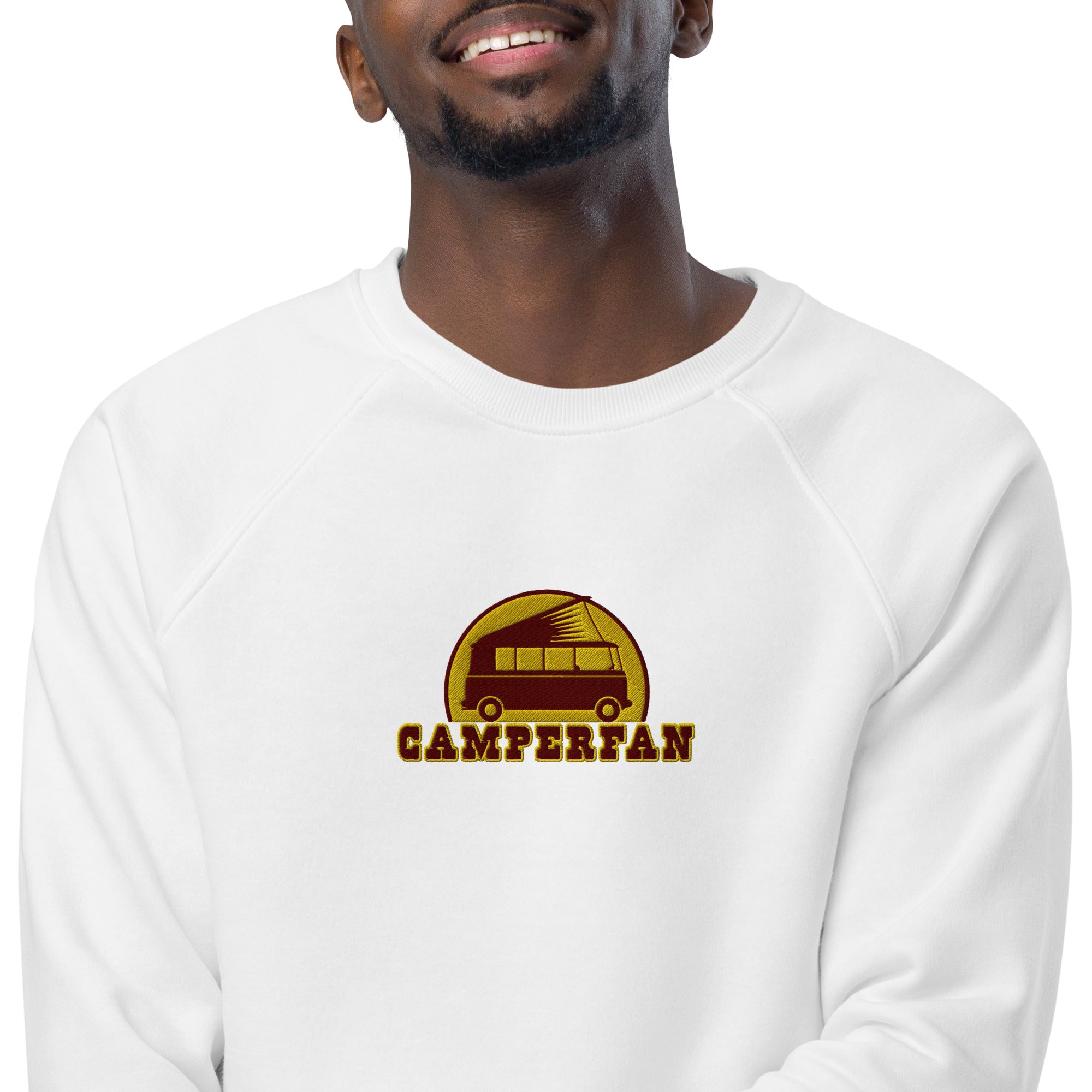 Unisex organic raglan sweatshirt Small Camperfan large brown/yellow embroidered pattern