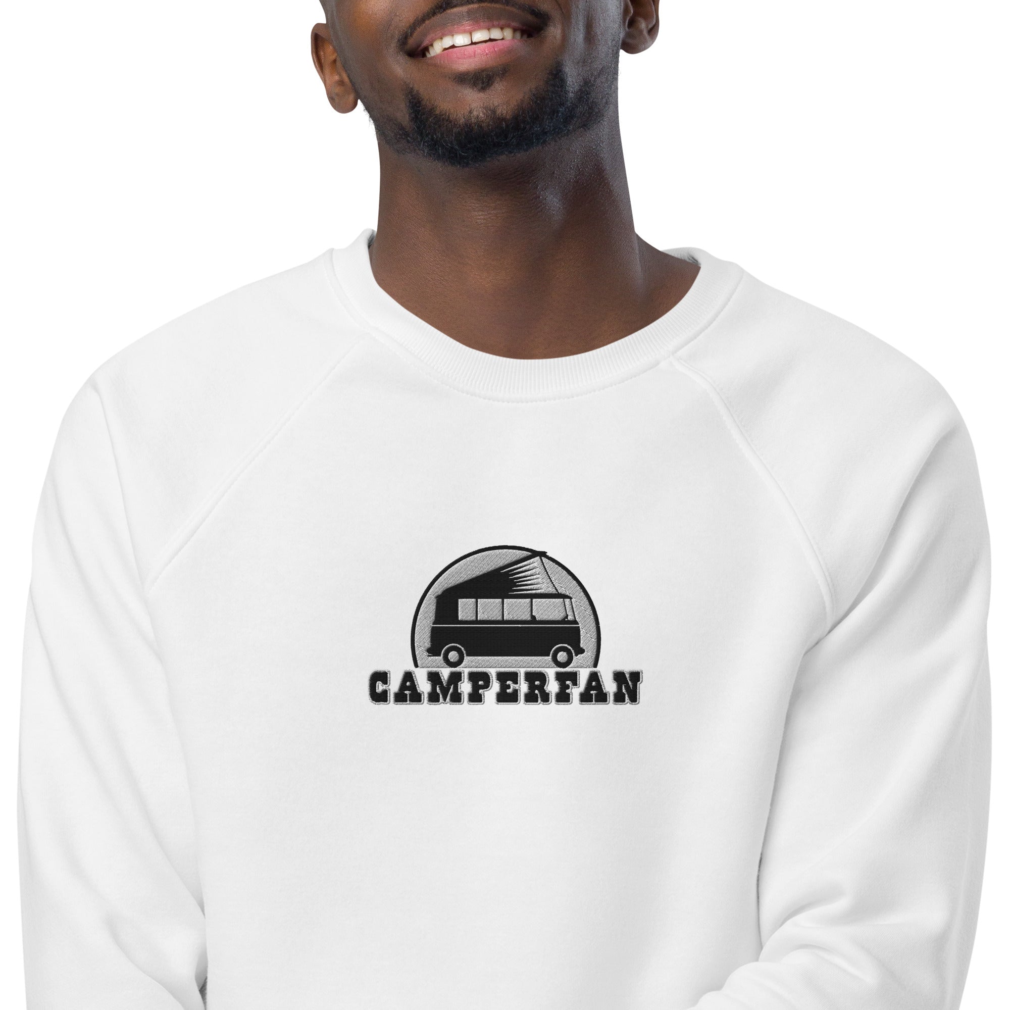 Unisex organic raglan sweatshirt Small Camperfan large black/white embroidered pattern