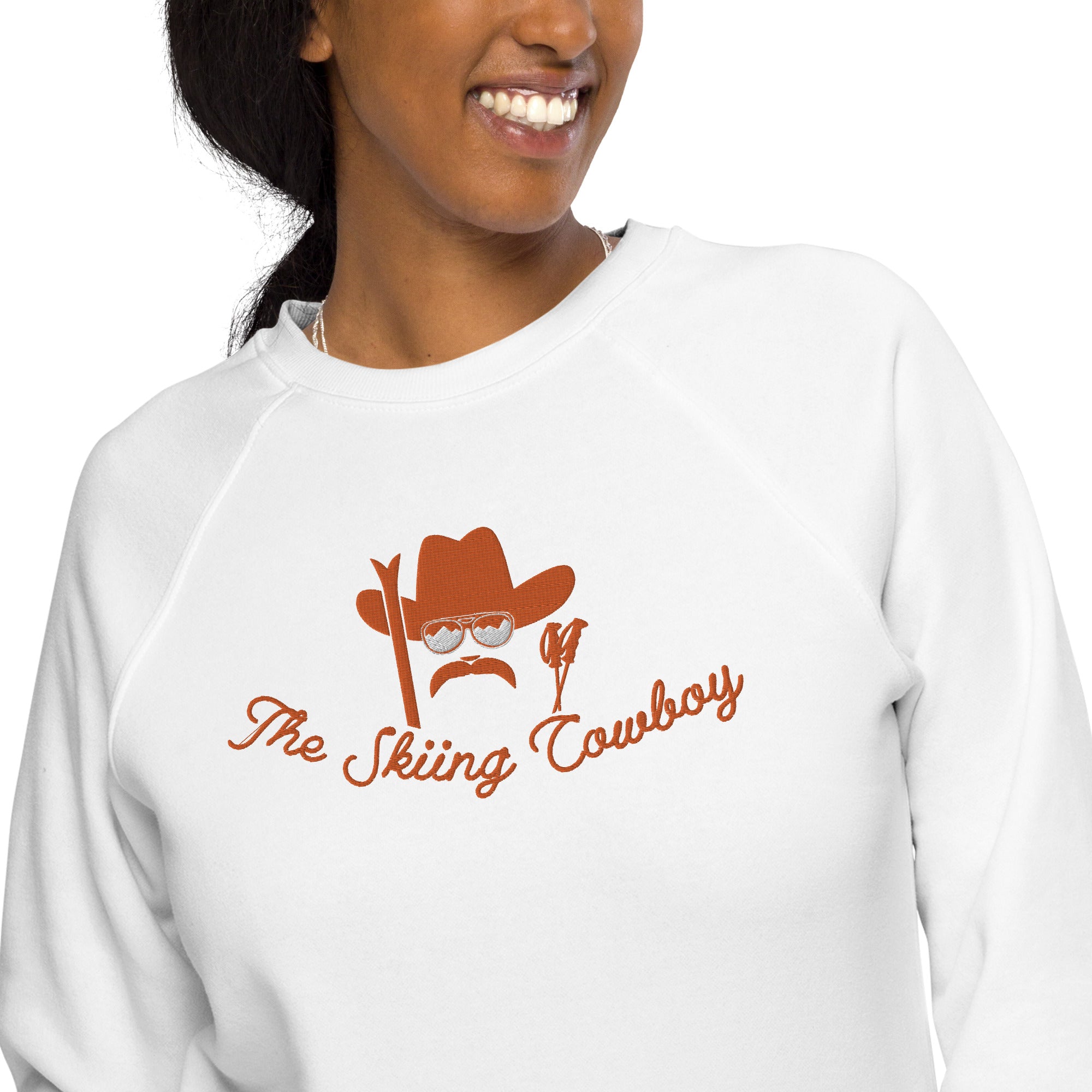 Sweatshirt écologique raglan unisexe Skiing Cowboy grand motif brodé & Ski Fight at OK Corral Outline (dos)