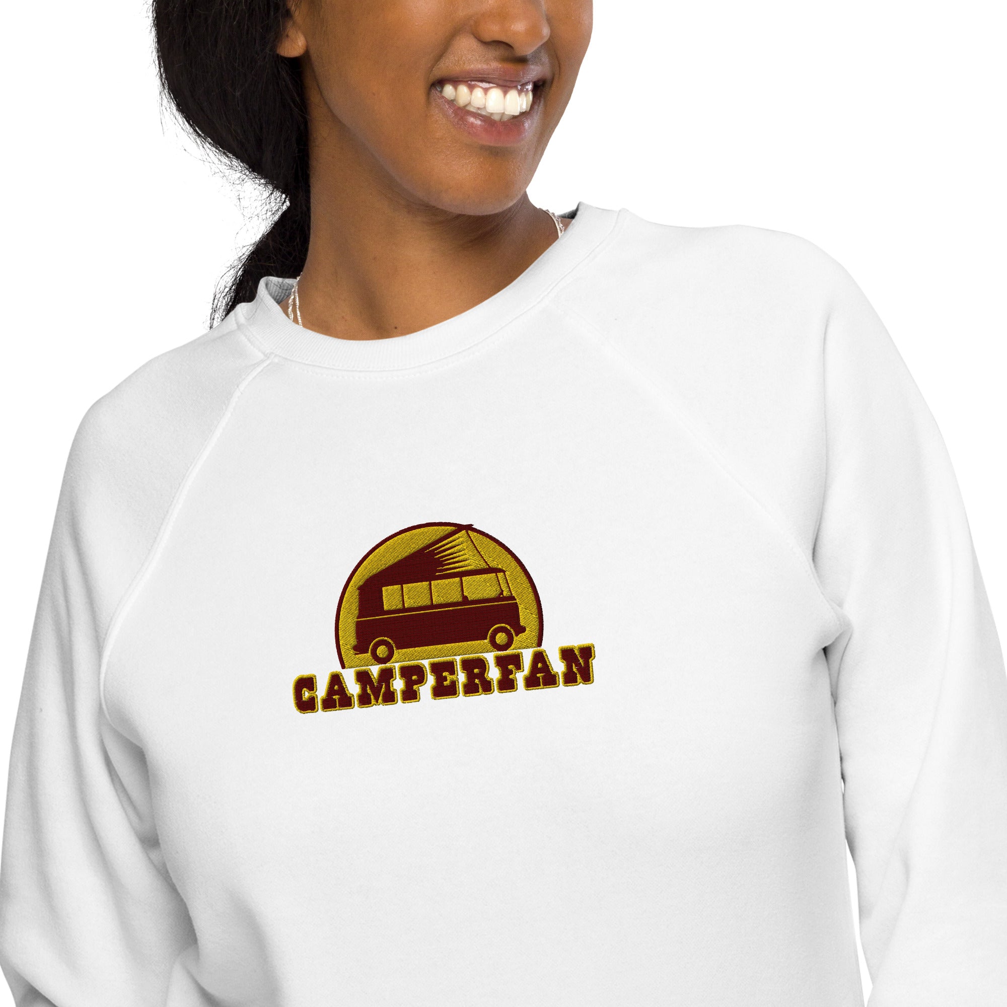Unisex organic raglan sweatshirt Small Camperfan large brown/yellow embroidered pattern