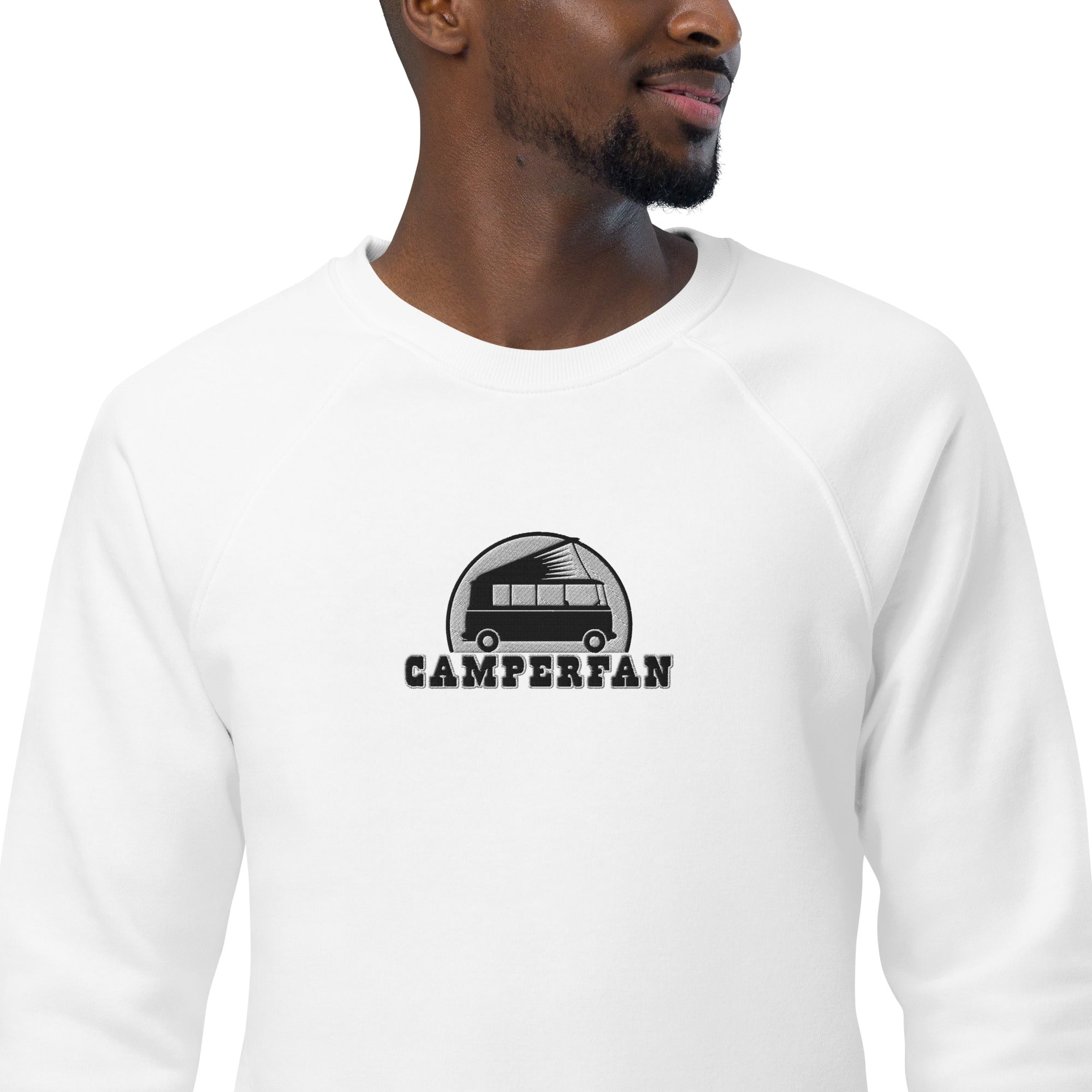 Unisex organic raglan sweatshirt Small Camperfan large black/white embroidered pattern