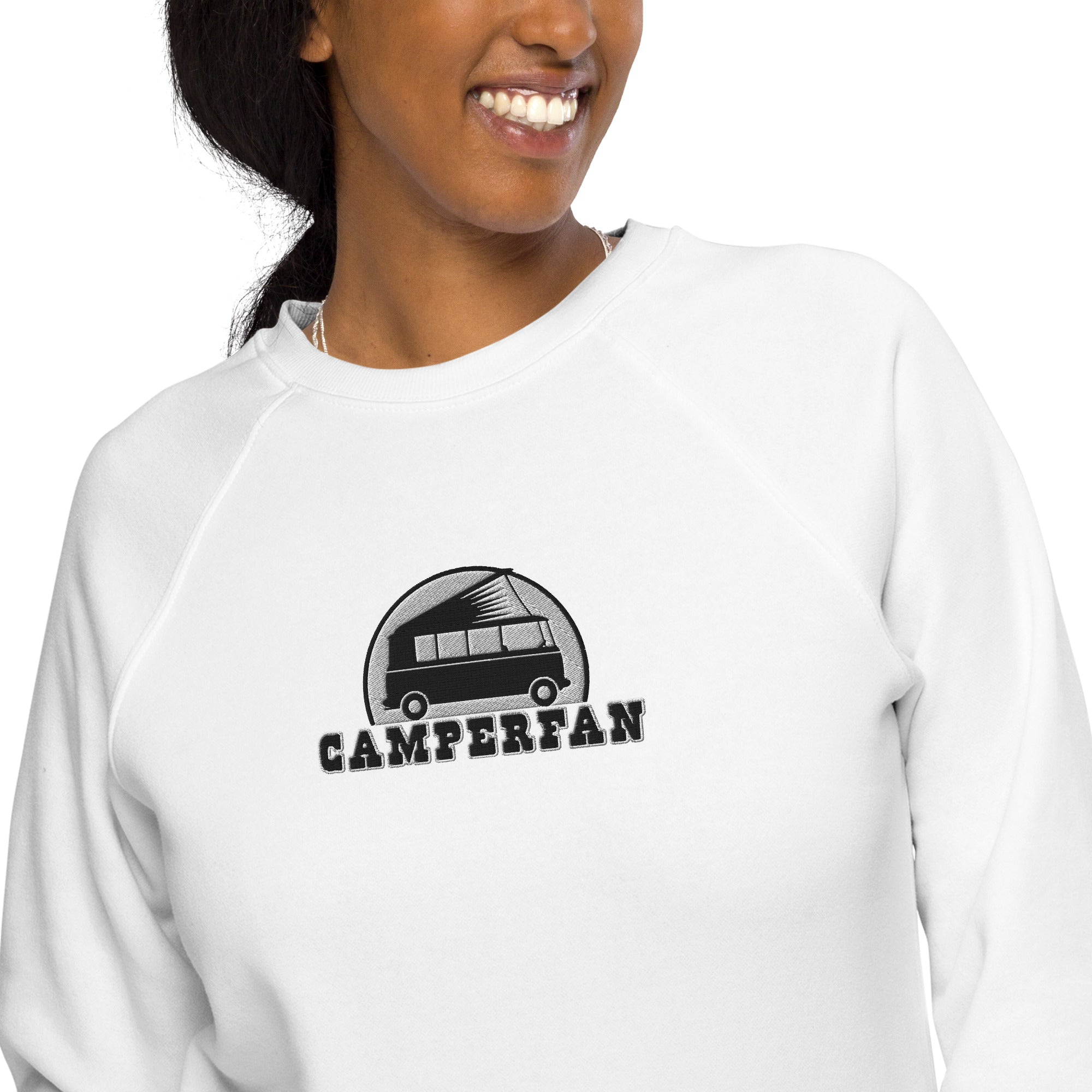 Unisex organic raglan sweatshirt Small Camperfan large black/white embroidered pattern