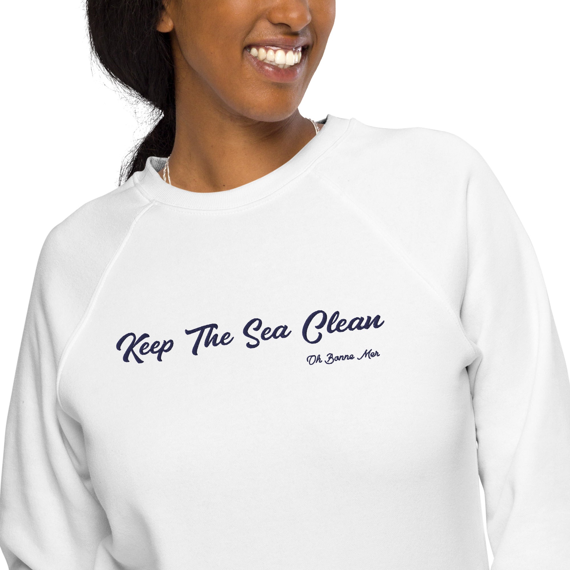 Sweatshirt écologique raglan unisexe Keep The Sea Clean grand motif navy brodé