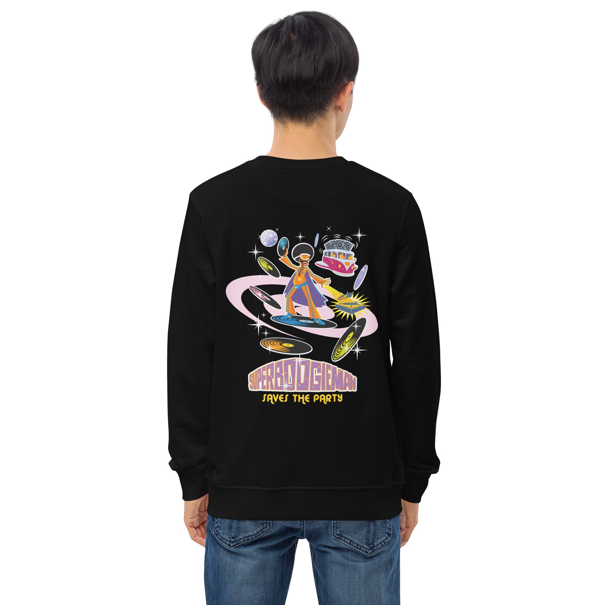 Sweat écologique unisexe Superboogieman Saves the Party (face & dos)