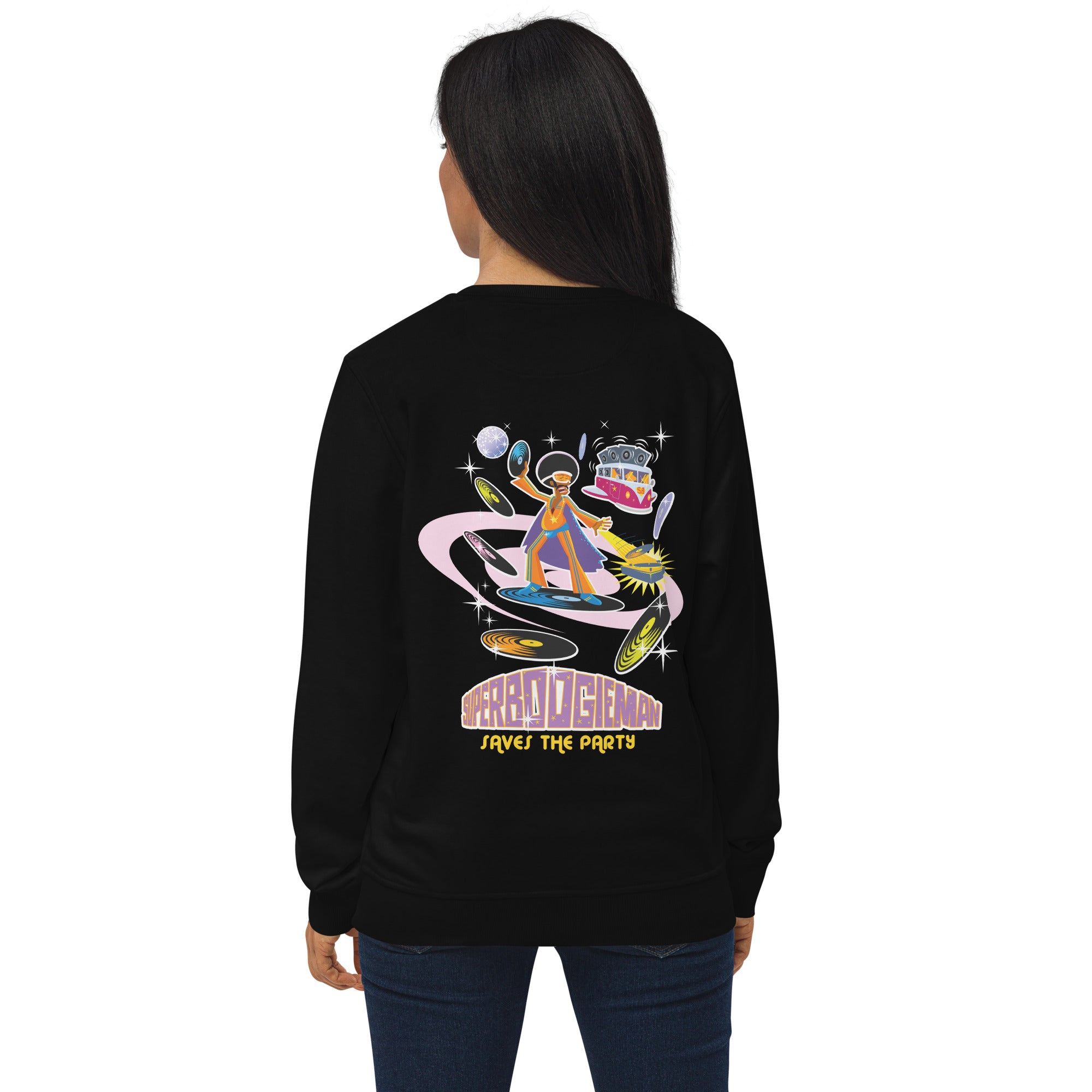 Sweat écologique unisexe Superboogieman Saves the Party (face & dos)
