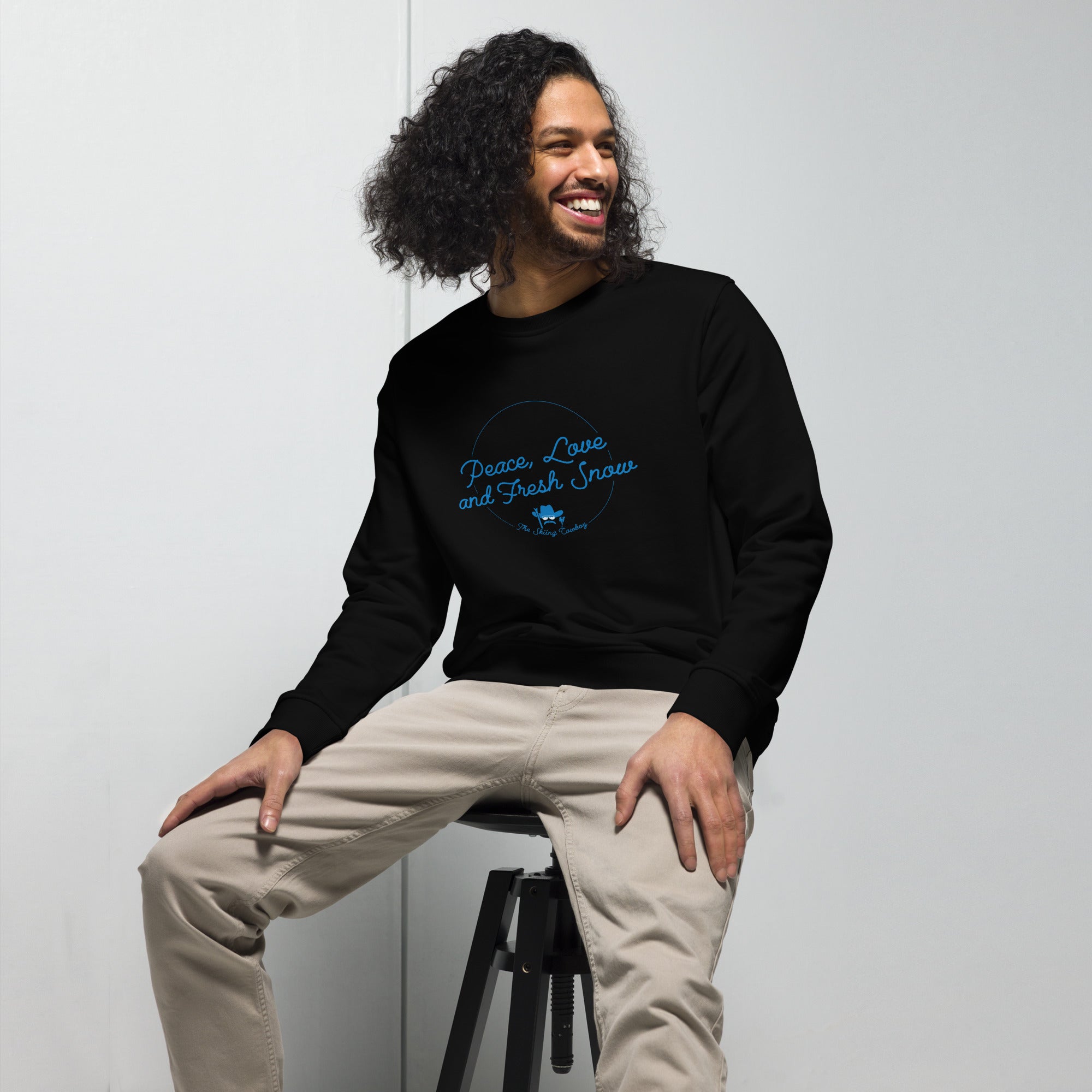 Unisex organic sweatshirt Peace, Love and Fresh Snow - The Skiing Cowboy