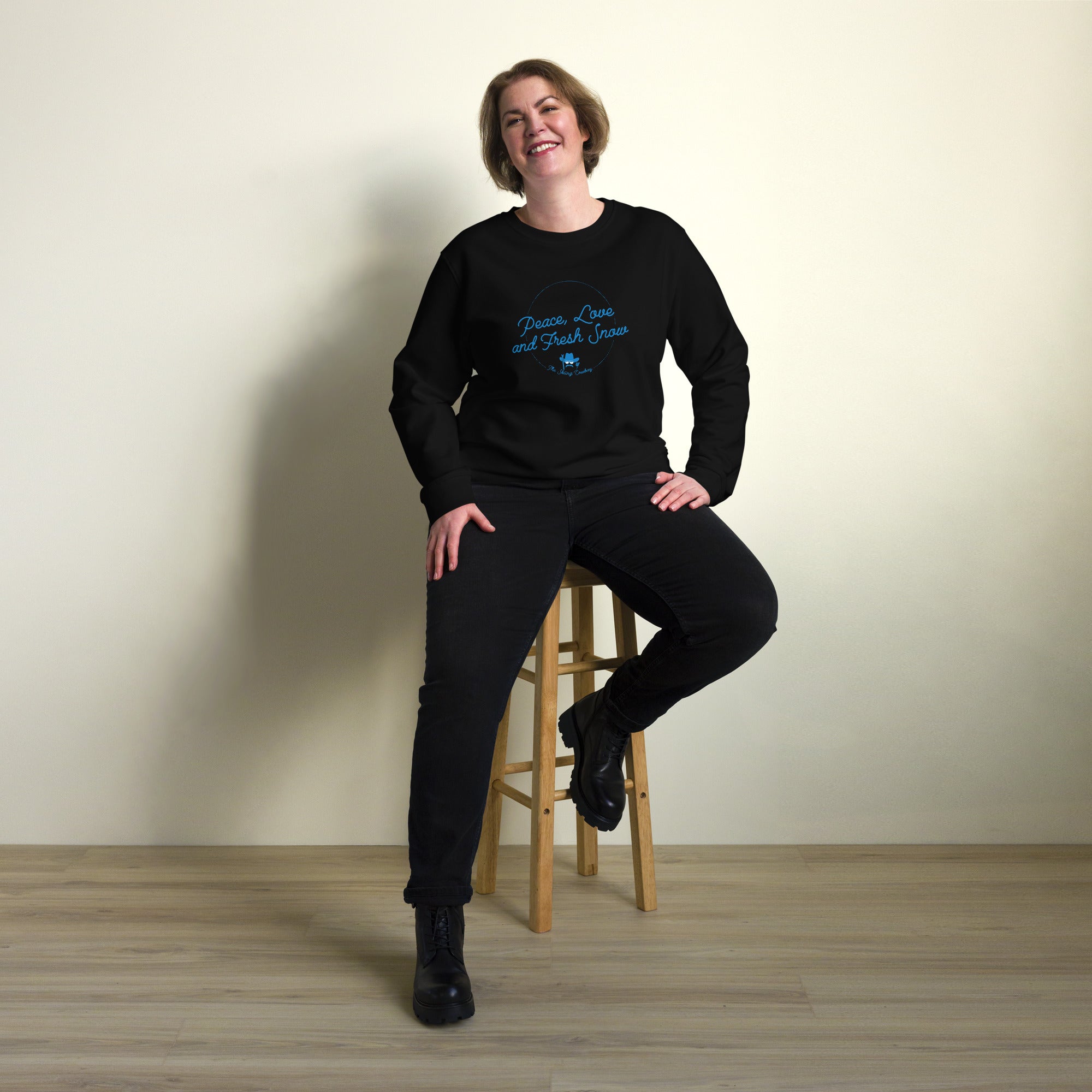Unisex organic sweatshirt Peace, Love and Fresh Snow - The Skiing Cowboy