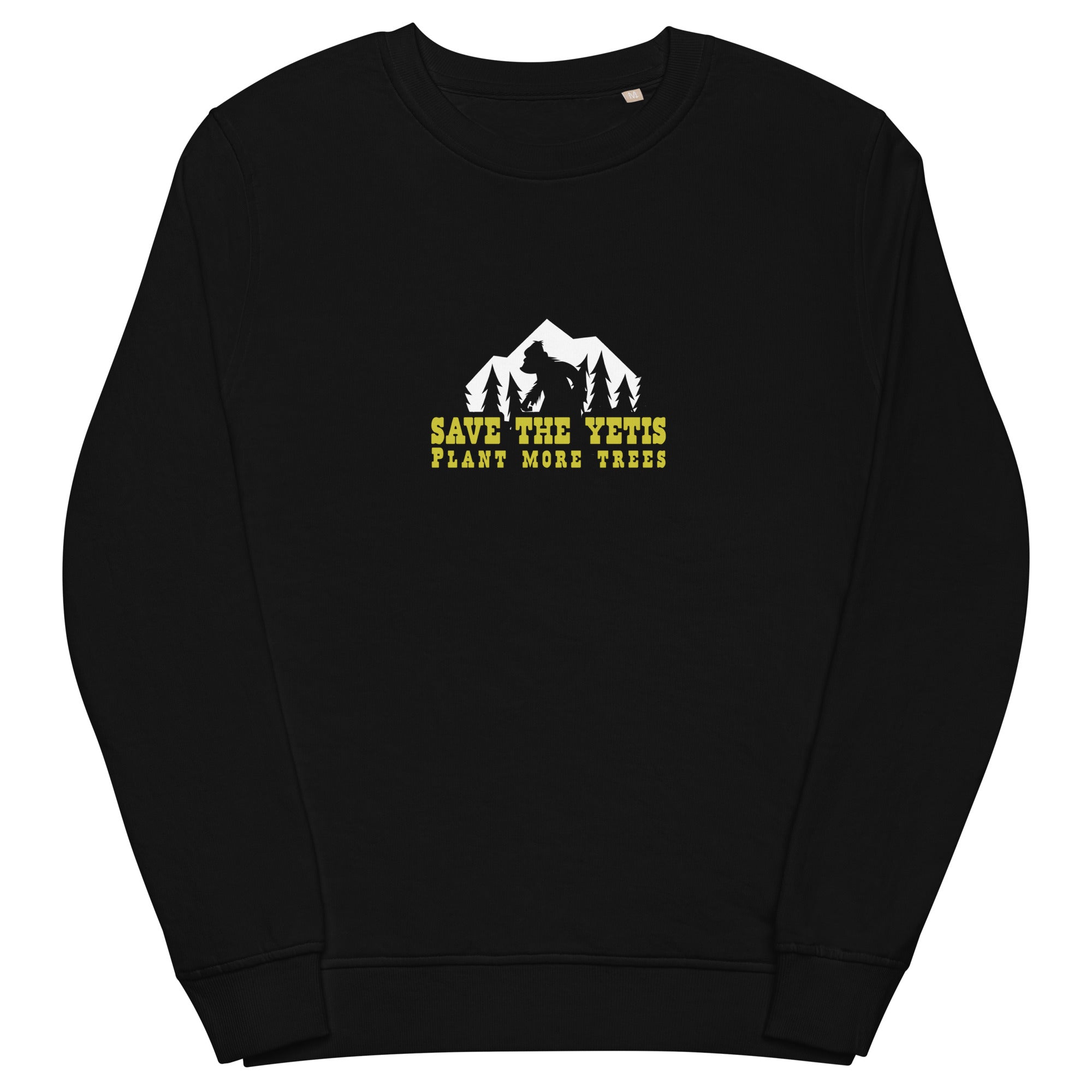 Unisex organic sweatshirt Save the Yetis, Plant more Trees (front & back)