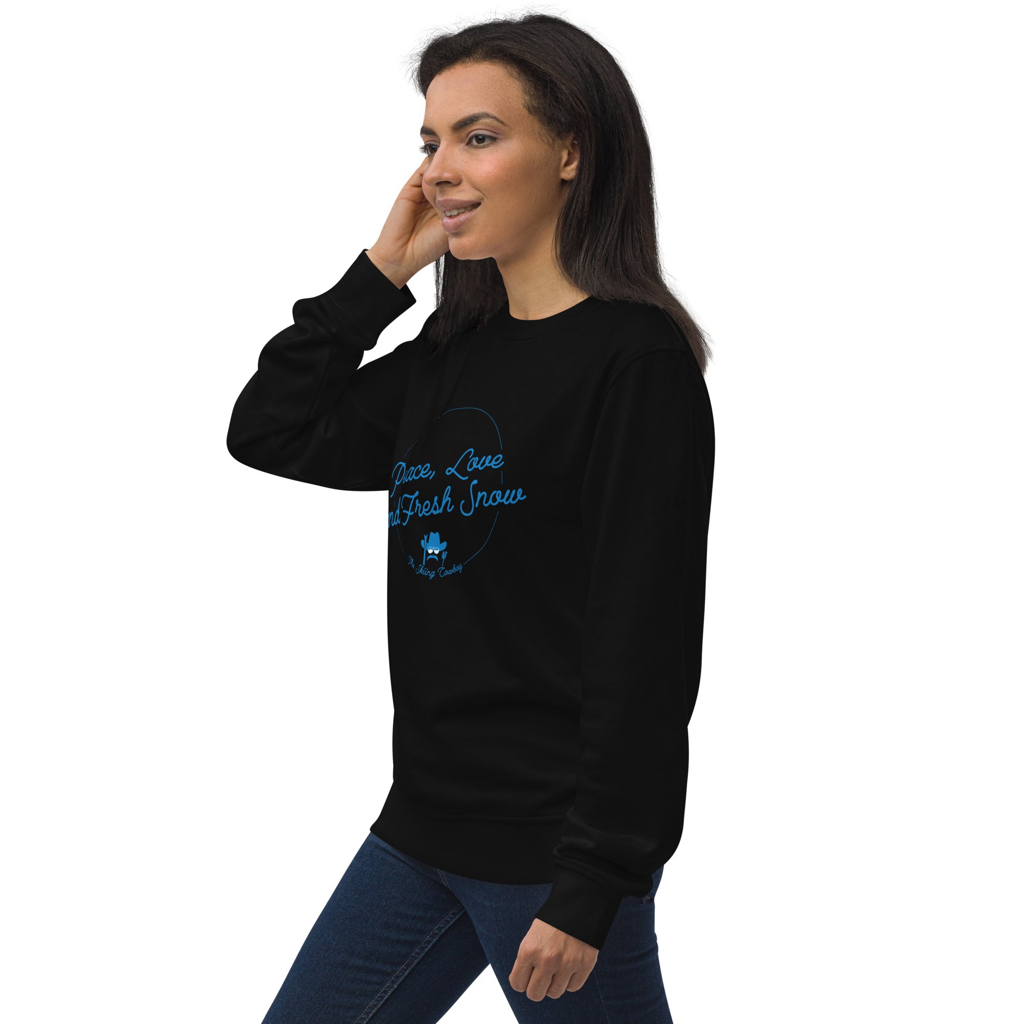 Unisex organic sweatshirt Peace, Love and Fresh Snow - The Skiing Cowboy