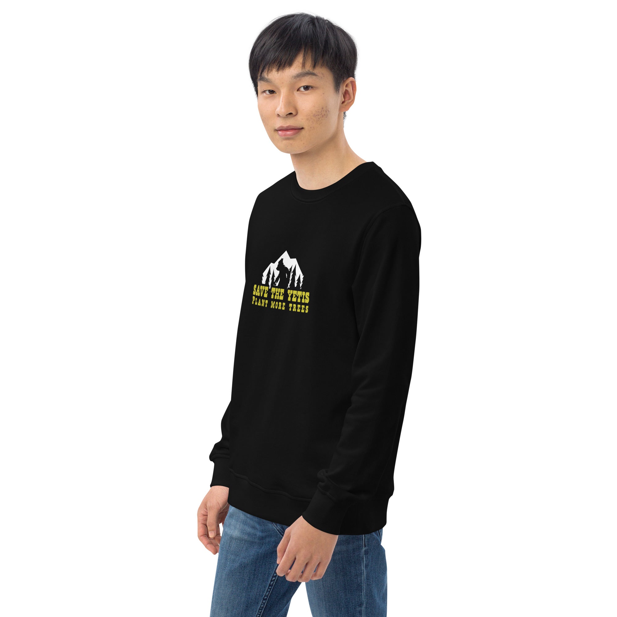 Unisex organic sweatshirt Save the Yetis, Plant more Trees (front & back)